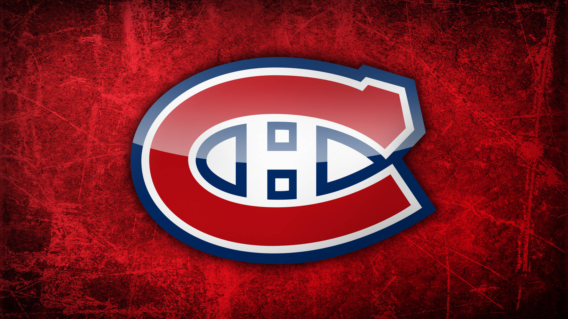 Canadiens 桌布 壁紙 — 大膽的蒙特婁加拿大人隊標誌在刮花的紅色冰球場背景上閃耀。