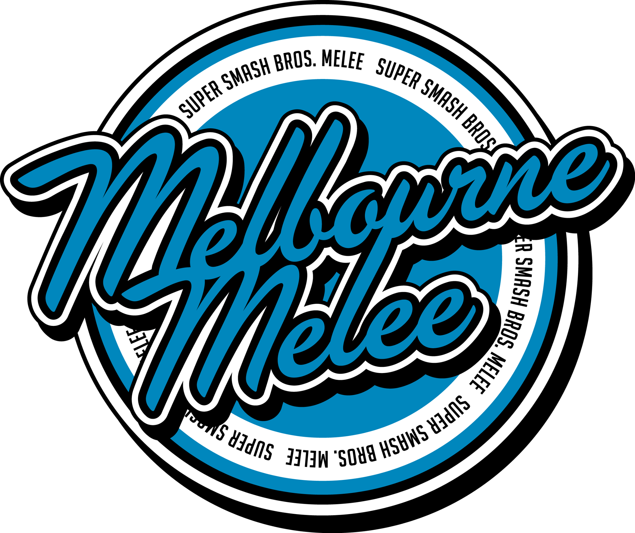 墨爾本 桌布 壁紙 — 大膽的藍白 'Melbourne Melee' 標誌，帶有 'Super Smash Bros. Melee' 文字，圓形設計，綠色背景。