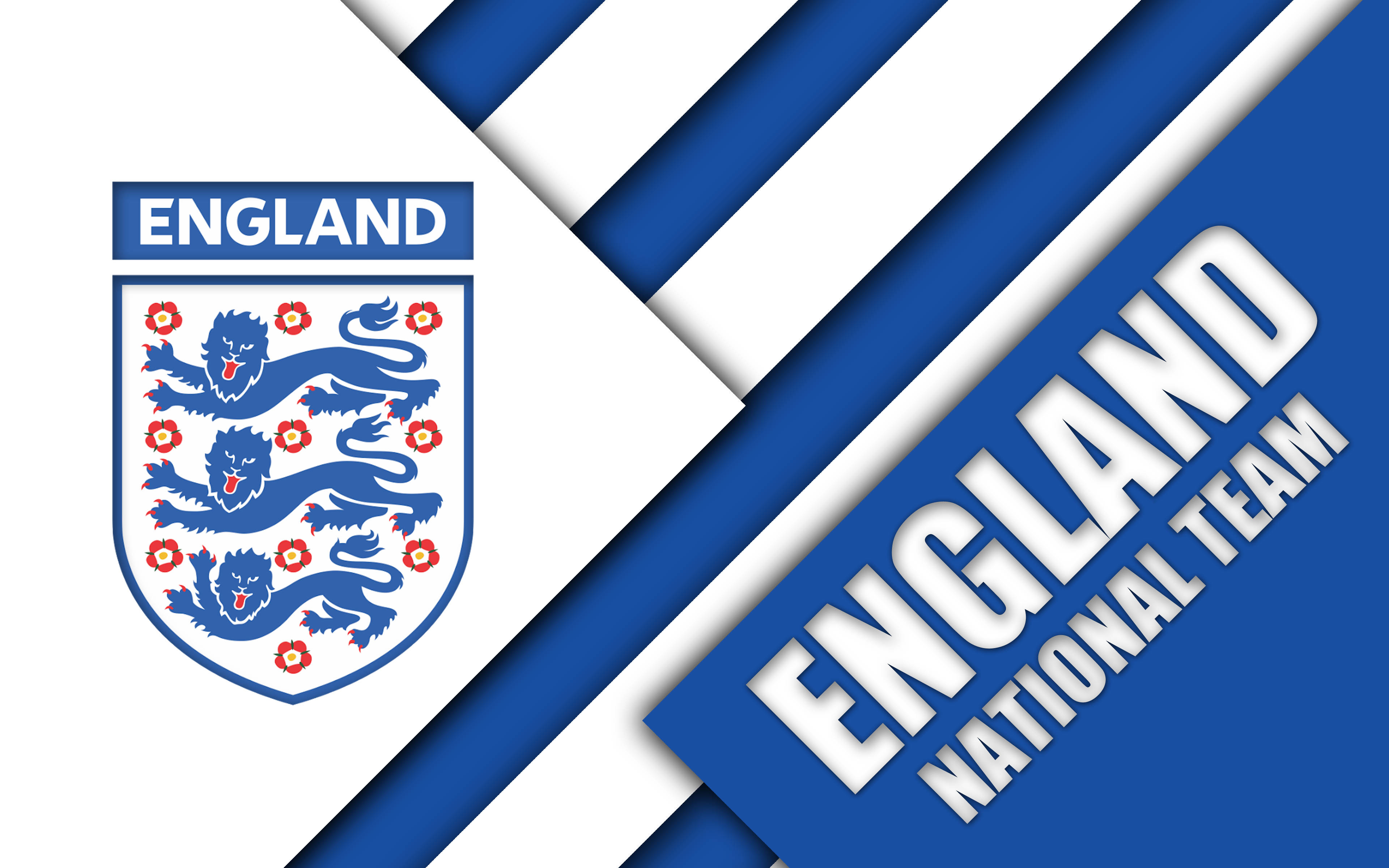 England 桌布 壁紙 — 大膽的藍白斜紋框住英格蘭國家隊徽章，上有三獅和紅玫瑰。