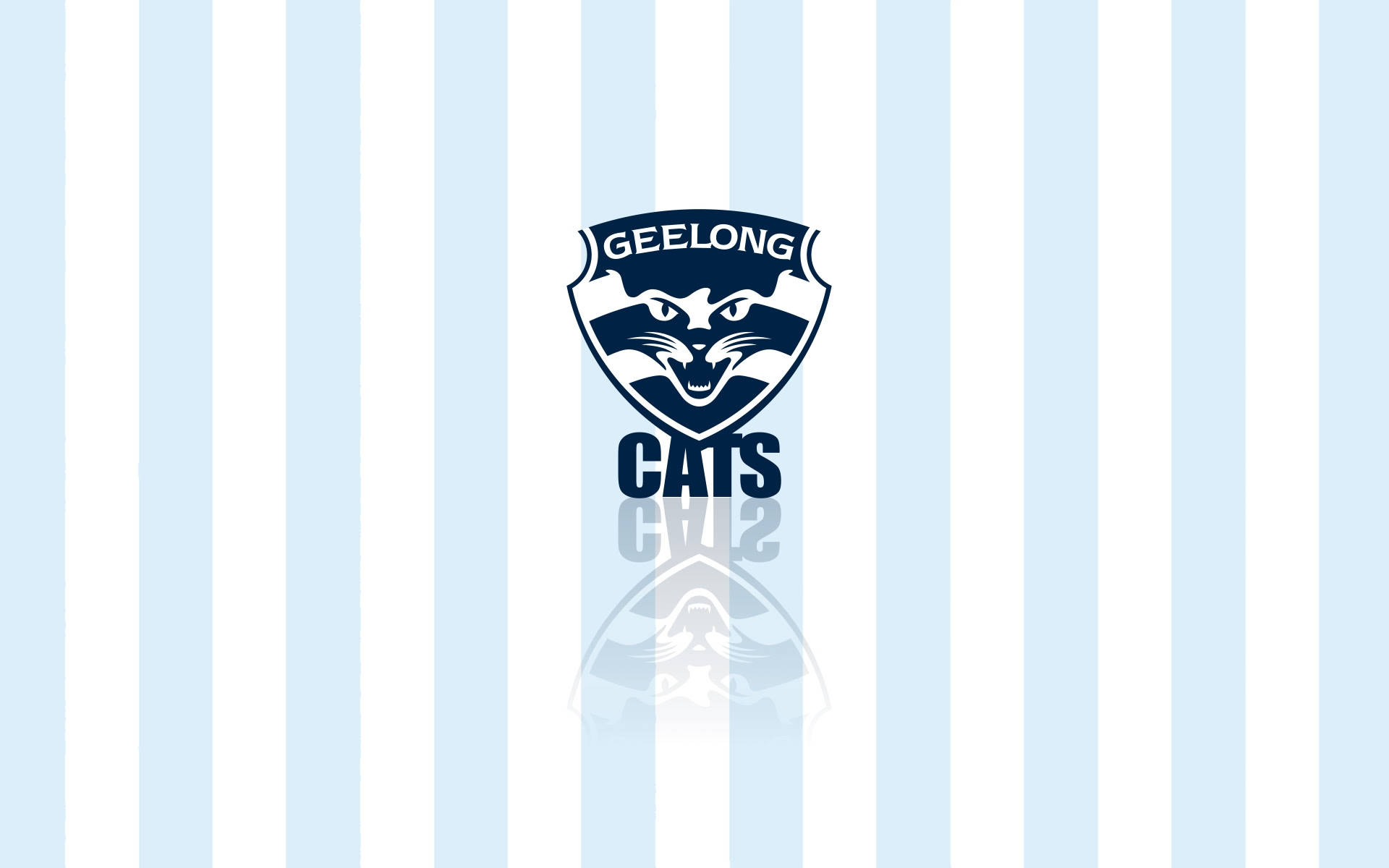 Afl 桌布 壁紙 — 大膽的藍白條紋壁紙，帶有Geelong Cats標誌及下方微妙的倒影。