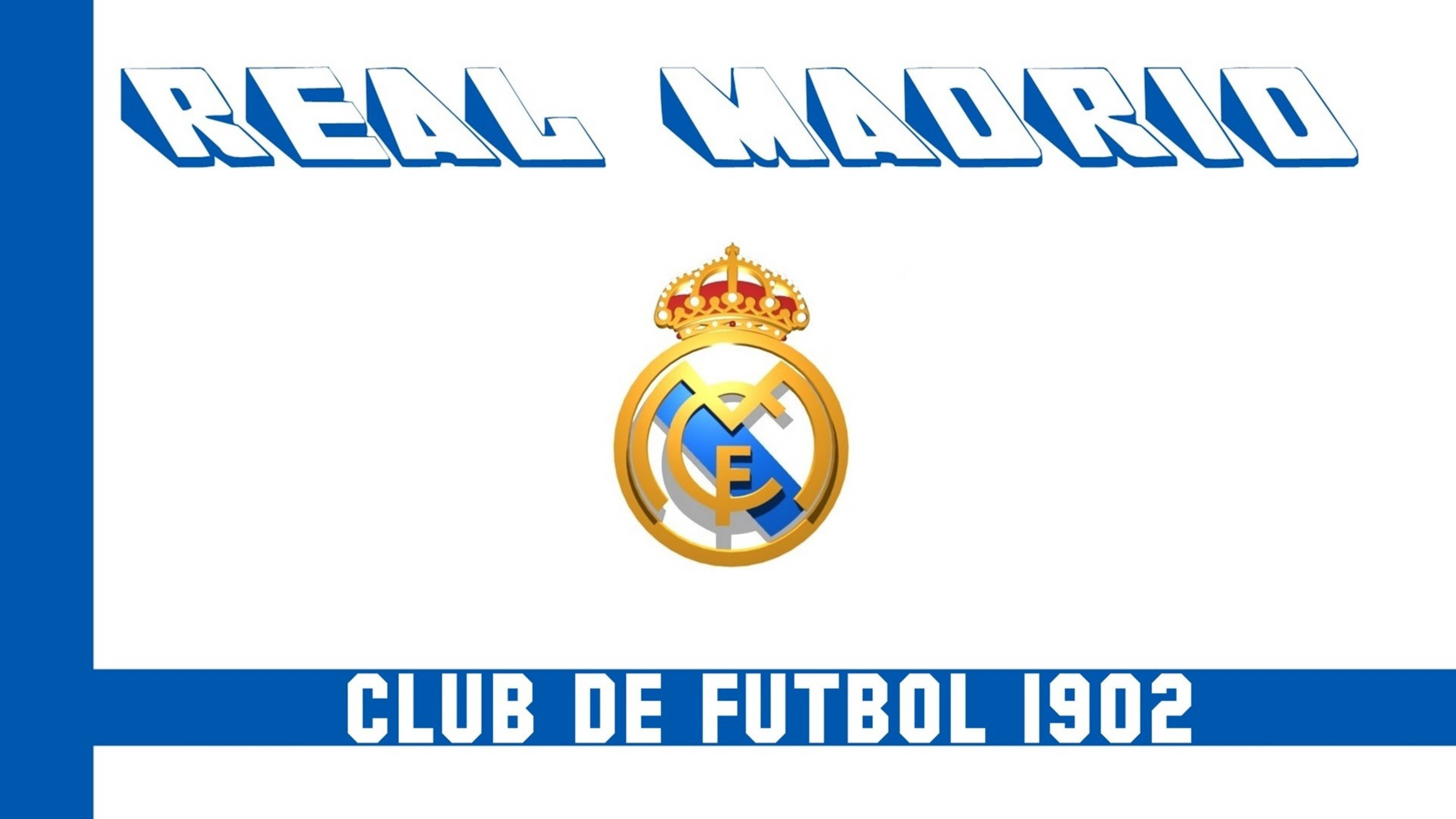 Real Madrid 4K 桌布 壁紙 — 大膽的藍白皇家馬德里足球俱樂部標誌，帶有皇冠和文字，背景乾淨。