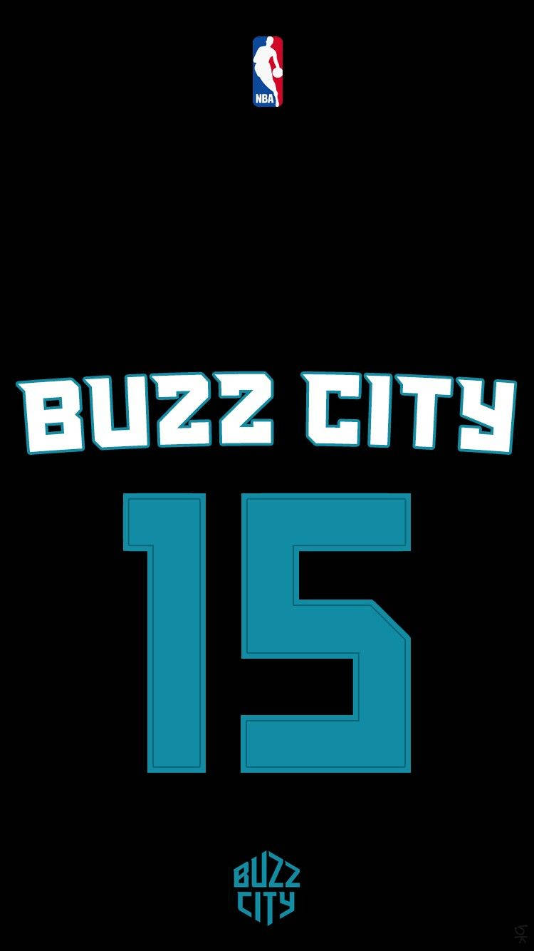 Hornets 桌布 壁紙 — 大膽的藍綠色「BUZZ CITY」和數字15，黑色背景上帶有NBA標誌和小型Buzz City標誌。
