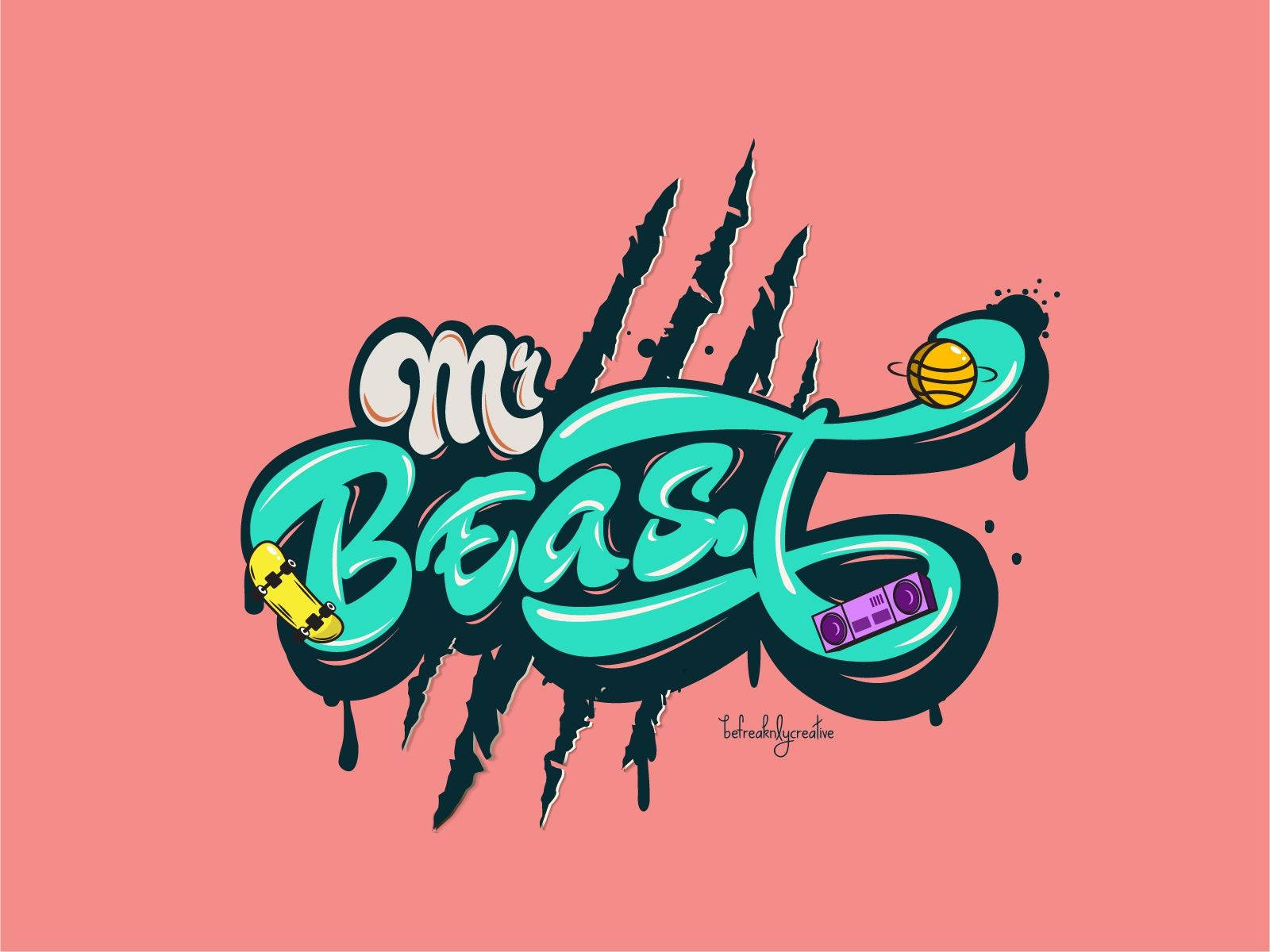 藝術 桌布 壁紙 — 大膽的藍綠色塗鴉風格「Mr Beast」標誌在珊瑚粉紅背景上滴落黑色墨水，裝飾有滑板、手提音箱和行星。