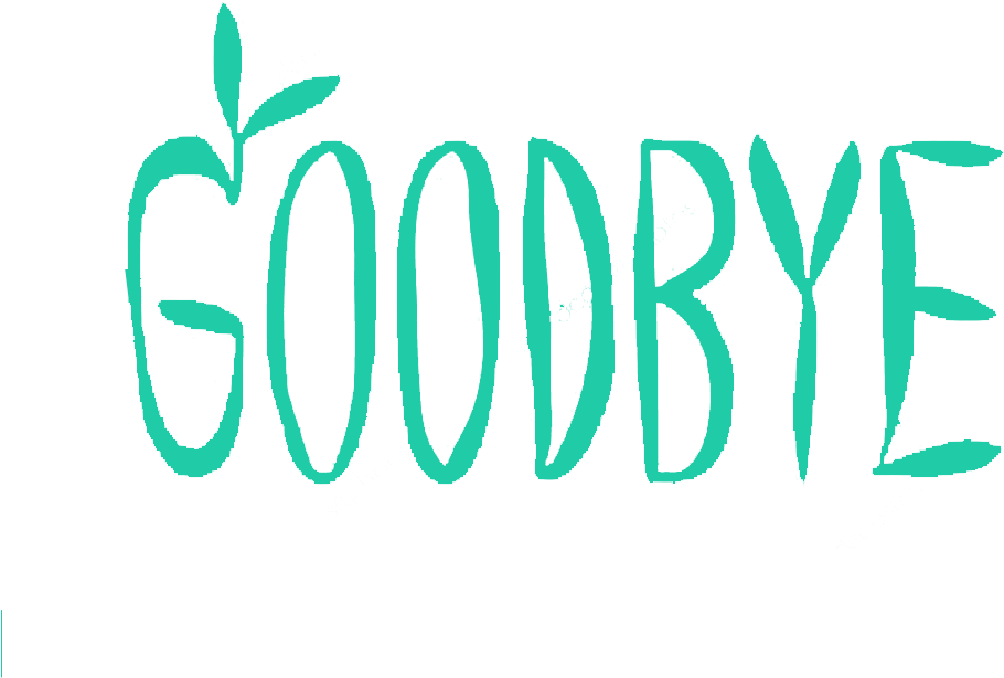 Clip Art 桌布 壁紙 — 大膽的藍綠色手寫「GOODBYE」文字，搭配葉子點綴，背景為純黑色。