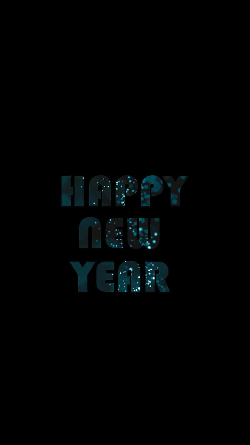 節日 桌布 壁紙 — 大膽的藍綠色閃粉文字「happy new year」在純黑色背景上格外突出。