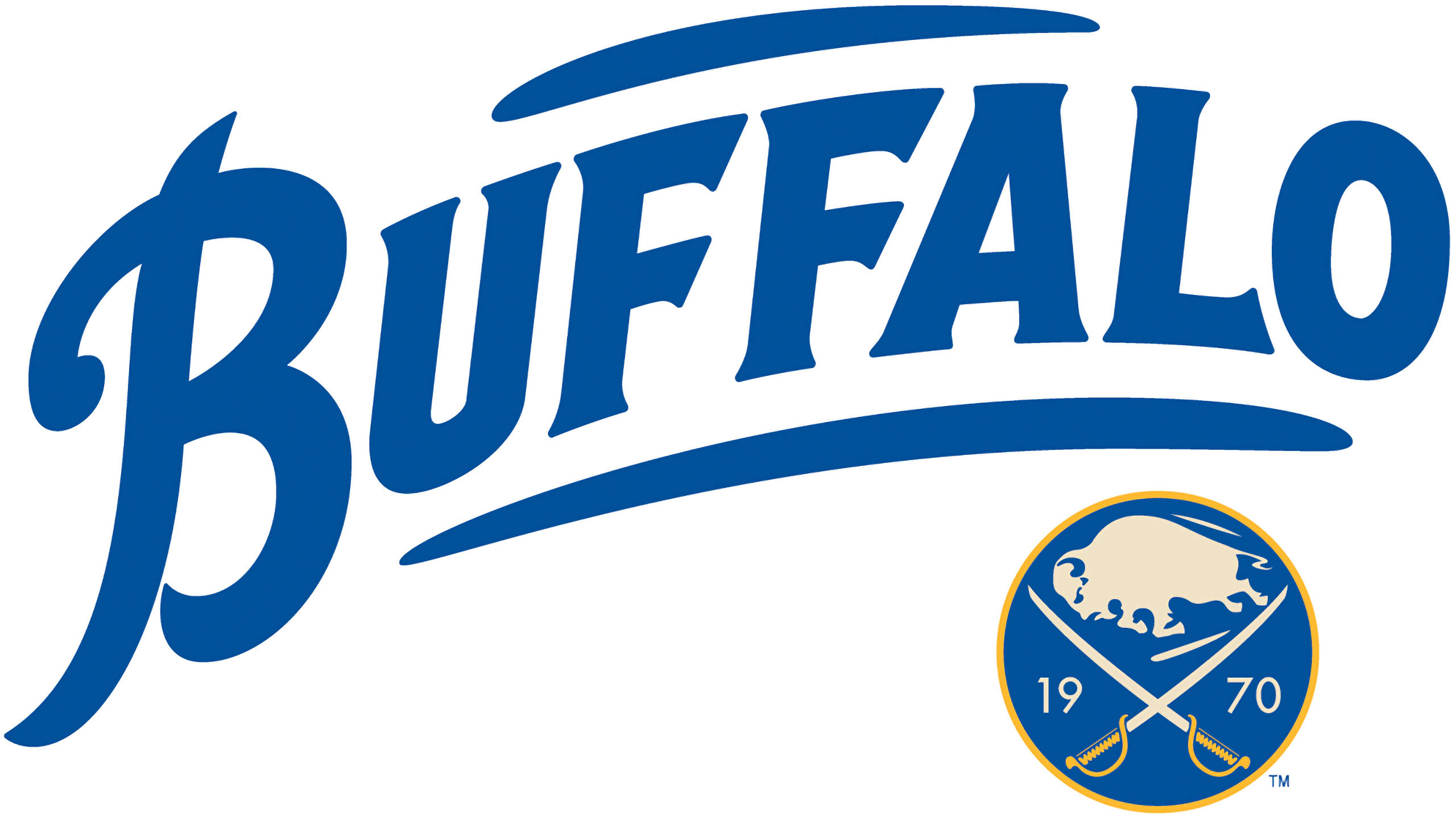 Sabres 桌布 壁紙 — 大膽的藍色「BUFFALO」文字，帶有彎曲底線和圓形標誌，圖案為野牛、交叉劍和藍金色的「1970」。