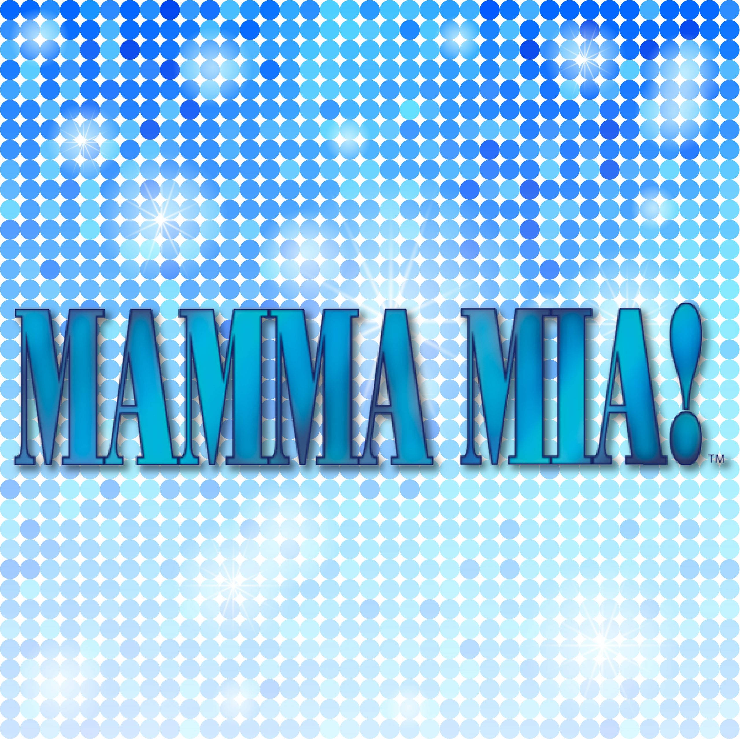 mia 桌布 壁紙 — 大膽的藍色「MAMMA MIA!」文字在閃爍的藍色圓點圖案背景上發光。