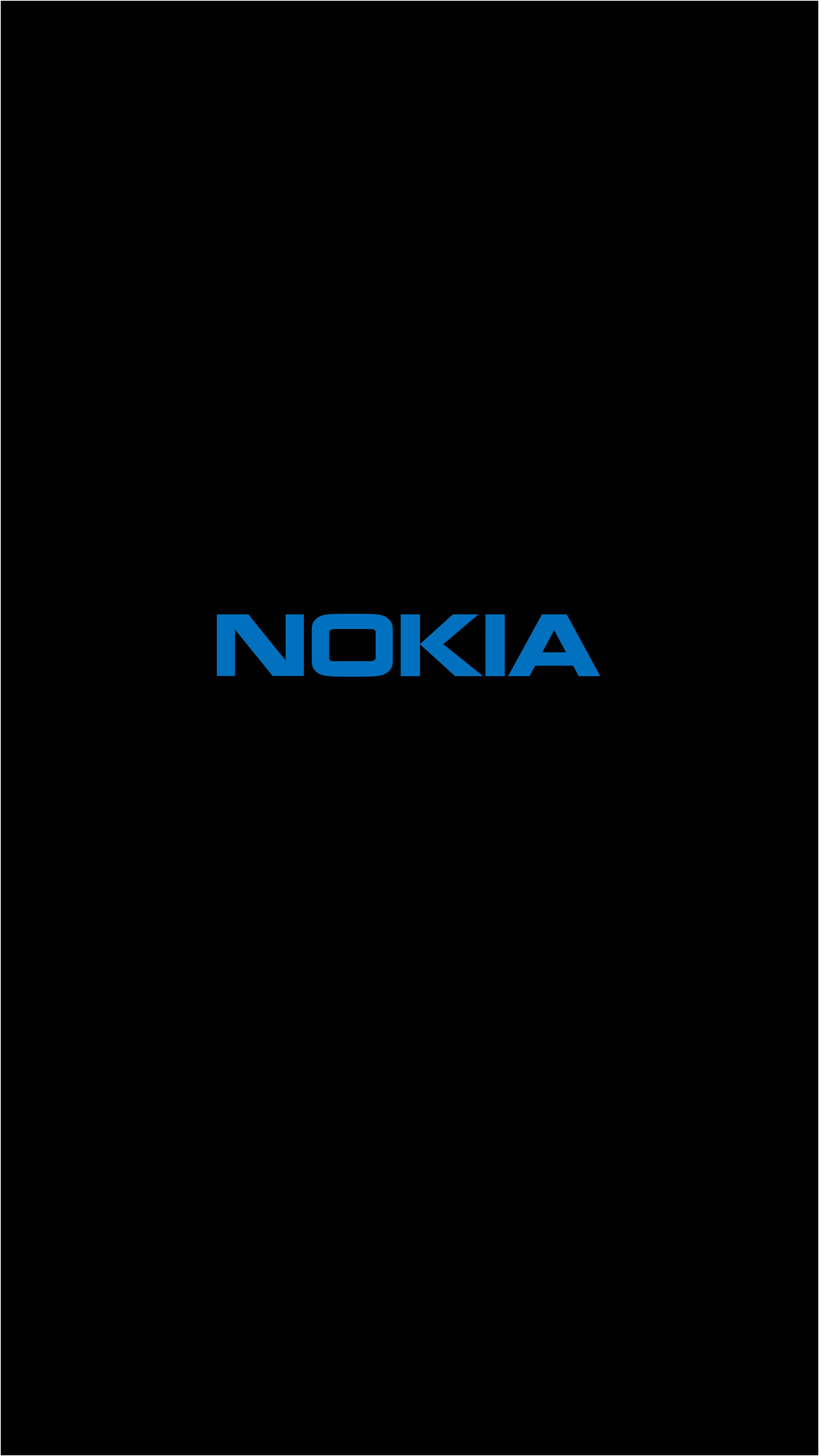 Typography 桌布 壁紙 — 大膽的藍色 Nokia 標誌居中於純黑色背景上，採用極簡設計。
