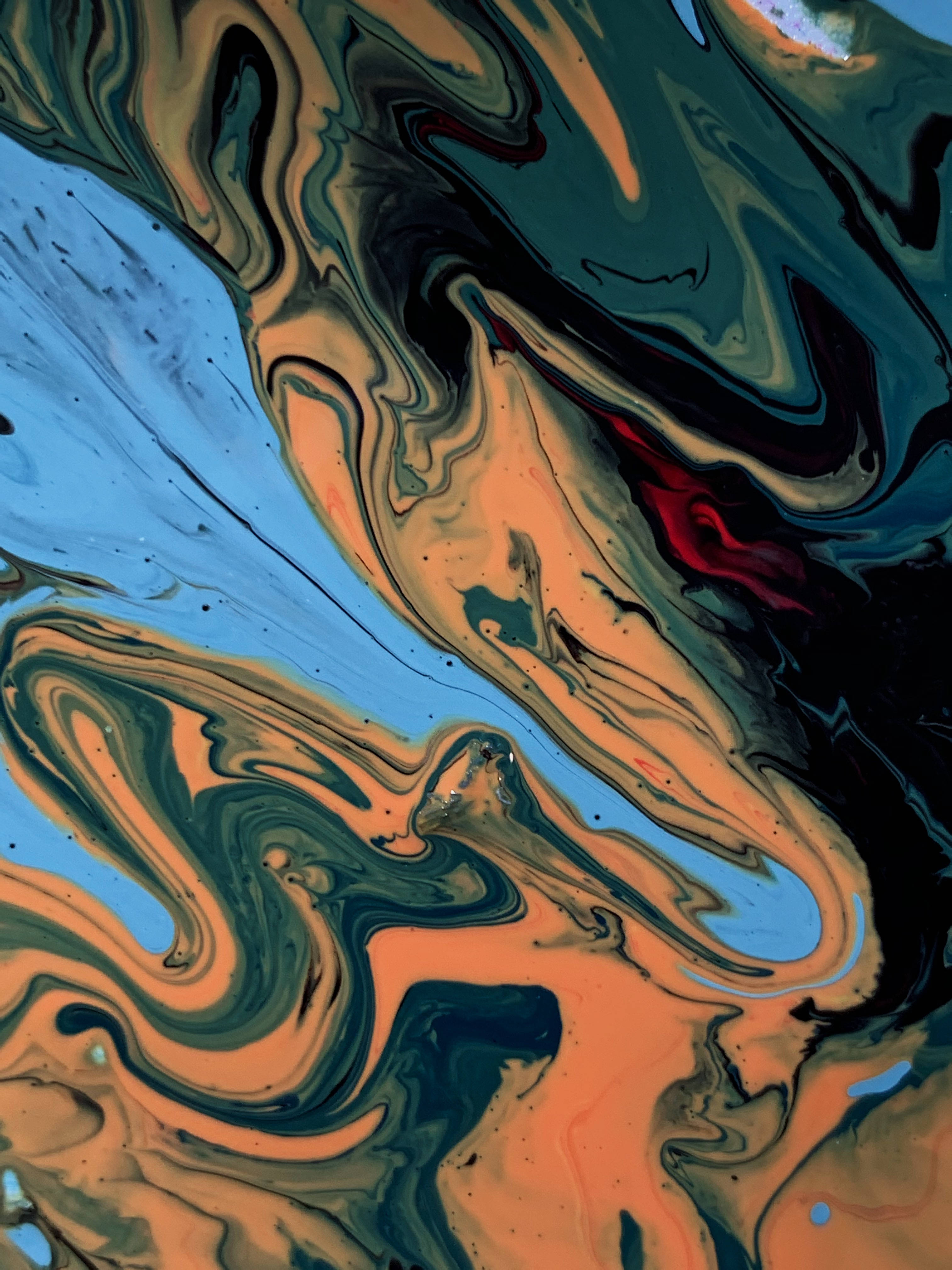 Painting 桌布 壁紙 — 大膽的藍色、橙色和深黑色的鮮豔漩渦抽象顏料流動，創造出動態的流體構圖。