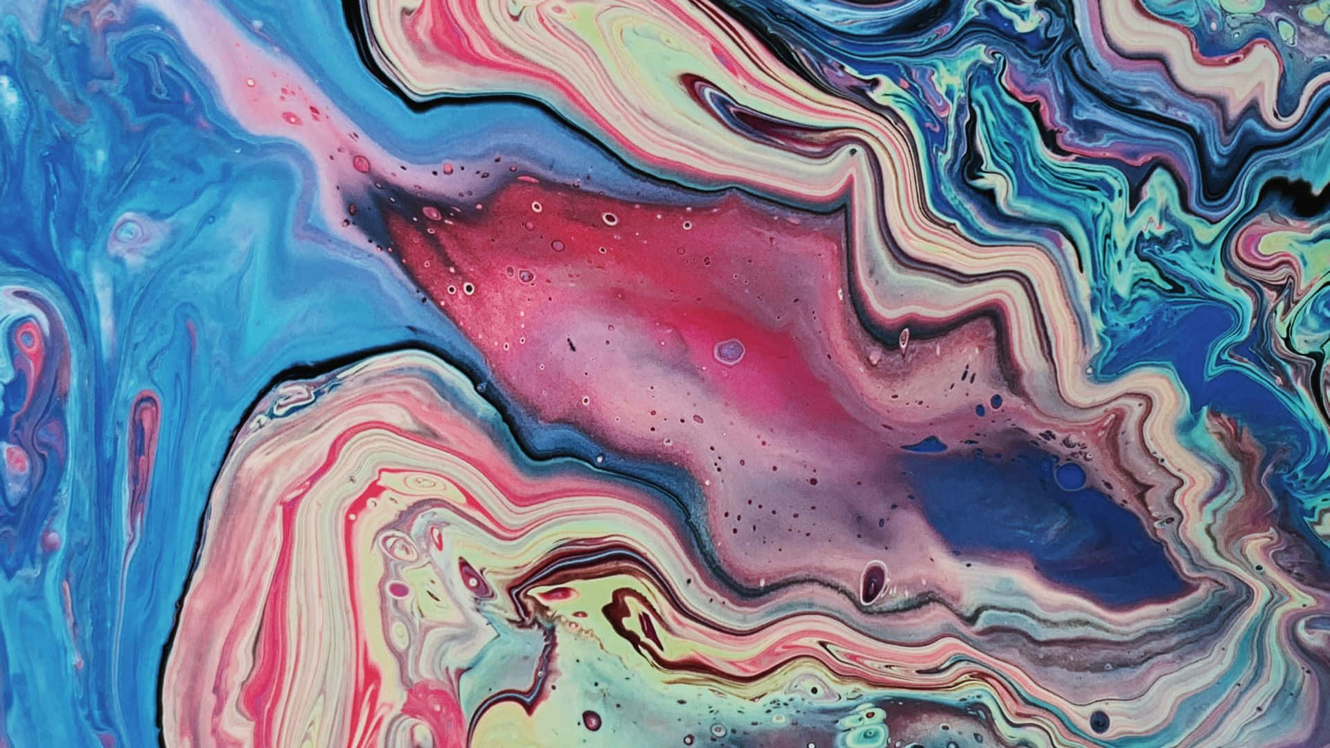 1920x1080 Marble 桌布 壁紙 — 大膽的藍色、粉紅色和藍綠色中充滿活力的漩渦抽象顏料流動，創造出動態的流體藝術構圖。