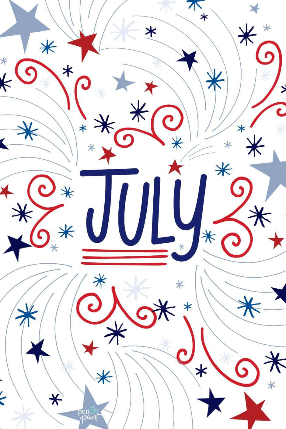 Cute 4th Of July 桌布 壁紙 — 大膽的藍色、紅色和白色七月文字，周圍環繞著旋轉的星星和節日煙火圖案。
