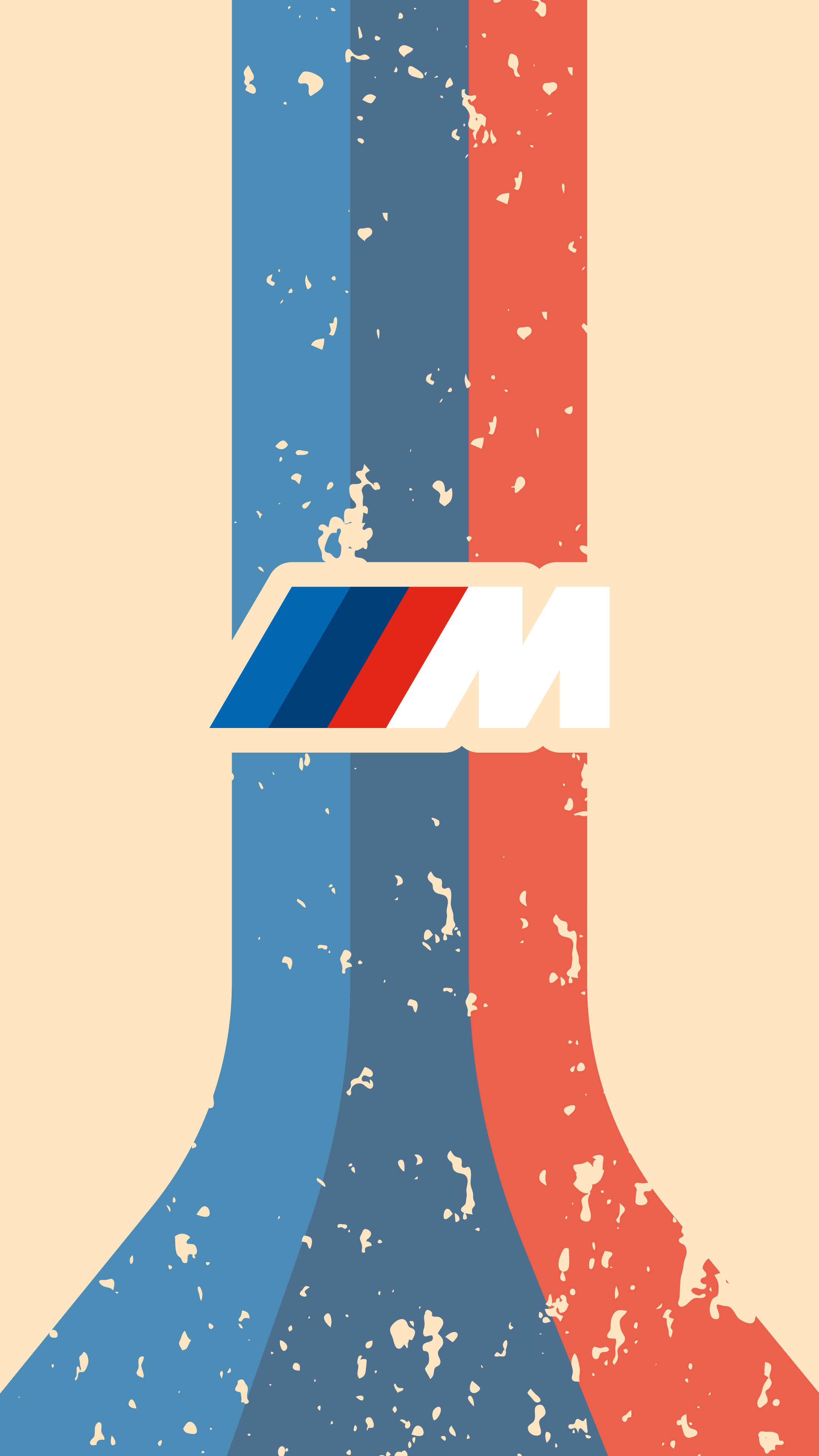 BMW 動圖 桌布 壁紙 — 大膽的藍色、紅色和米色垂直條紋，中央放置一個仿舊的BMW M標誌，極簡主義圖形設計。