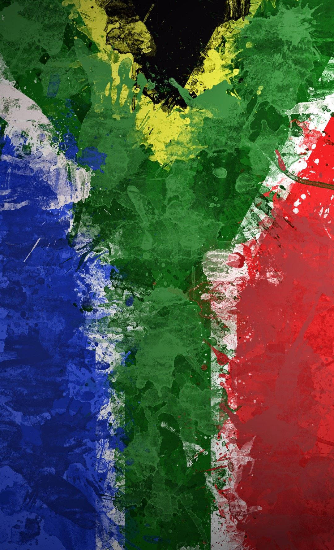 africa iPhone 桌布 壁紙 — 大膽的藍色、綠色、黃色和紅色的鮮豔抽象顏料飛濺，創造出動感十足的紋理牆壁藝術品。