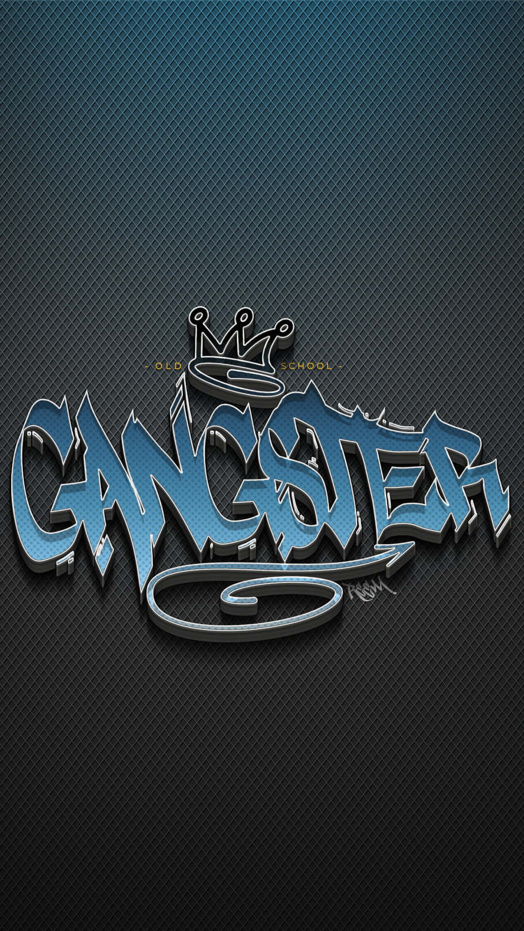黑幫動圖 桌布 壁紙 — 大膽的藍色3D塗鴉字詞gangster，頂部有皇冠，置於深色紋理背景上。