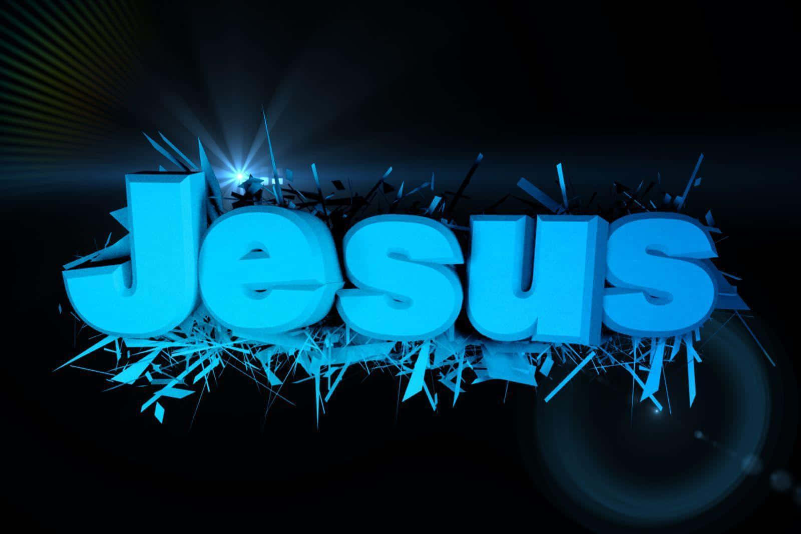 Cool Jesus 桌布 壁紙 — 大膽的藍色3D字母拼出耶穌，從黑暗背景中迸發，伴隨著耀眼的光芒和破碎的碎片。