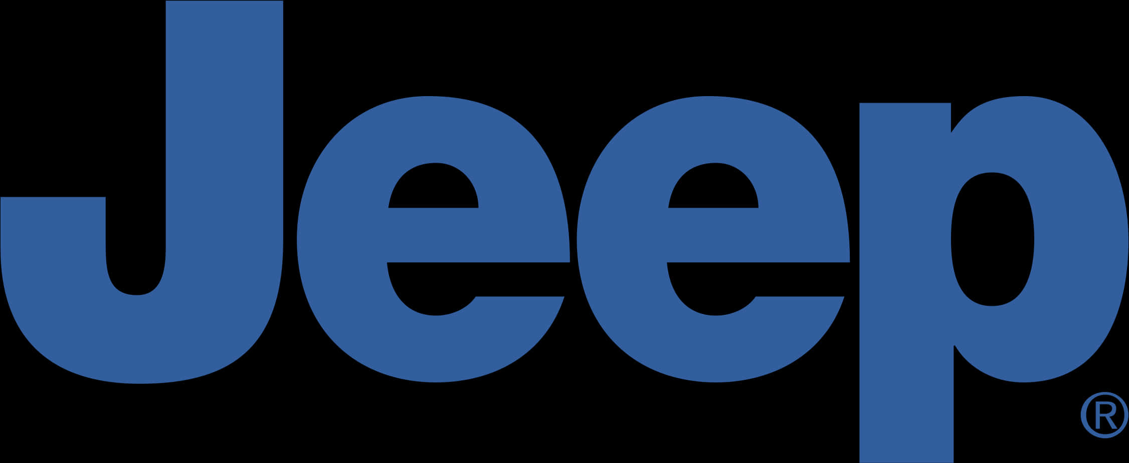 Logos 桌布 壁紙 — 大膽的藍色Jeep標誌在純黑背景上以簡潔現代字體突出顯示。