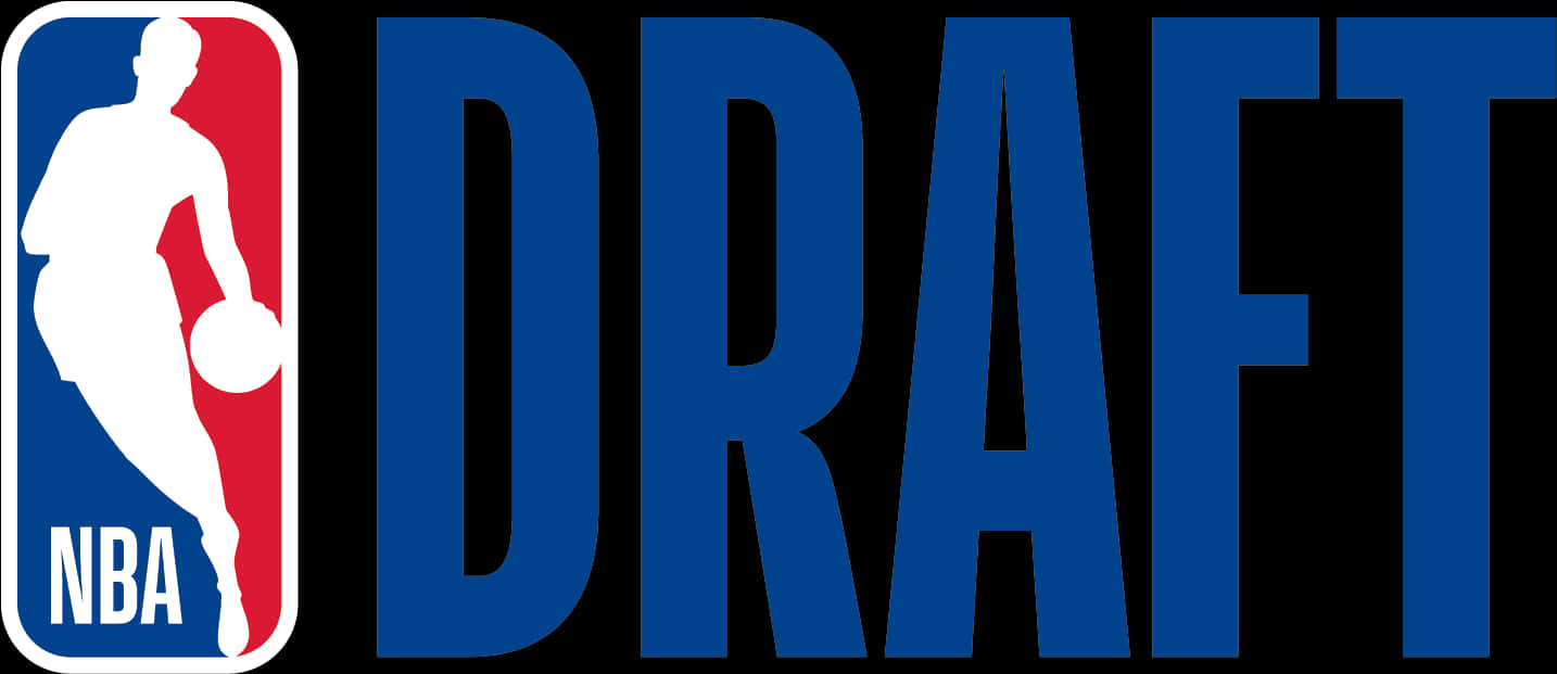 NBA標誌 桌布 壁紙 — 大膽的藍色NBA DRAFT標誌，白色籃球運動員剪影在紅色和藍色背景上運球。