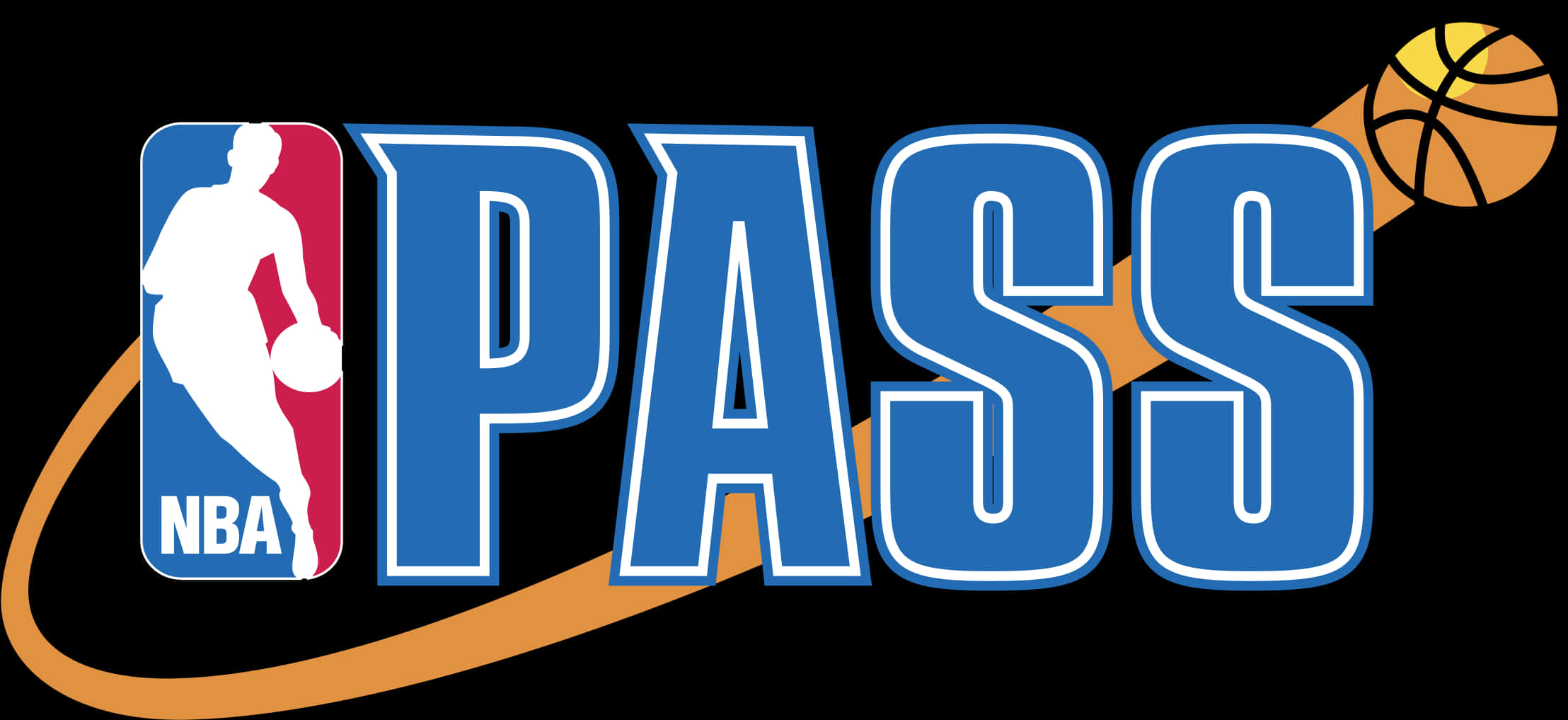 NBA標誌 桌布 壁紙 — 大膽的藍色NBA PASS標誌，帶有白色籃球運動員剪影和橙色籃球弧線，背景為黑色。