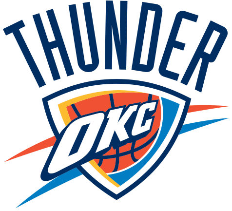 thunder 桌布 壁紙 — 大膽的藍色OKC雷霆標誌，帶有籃球設計和動態紅藍條紋，背景為黑色。