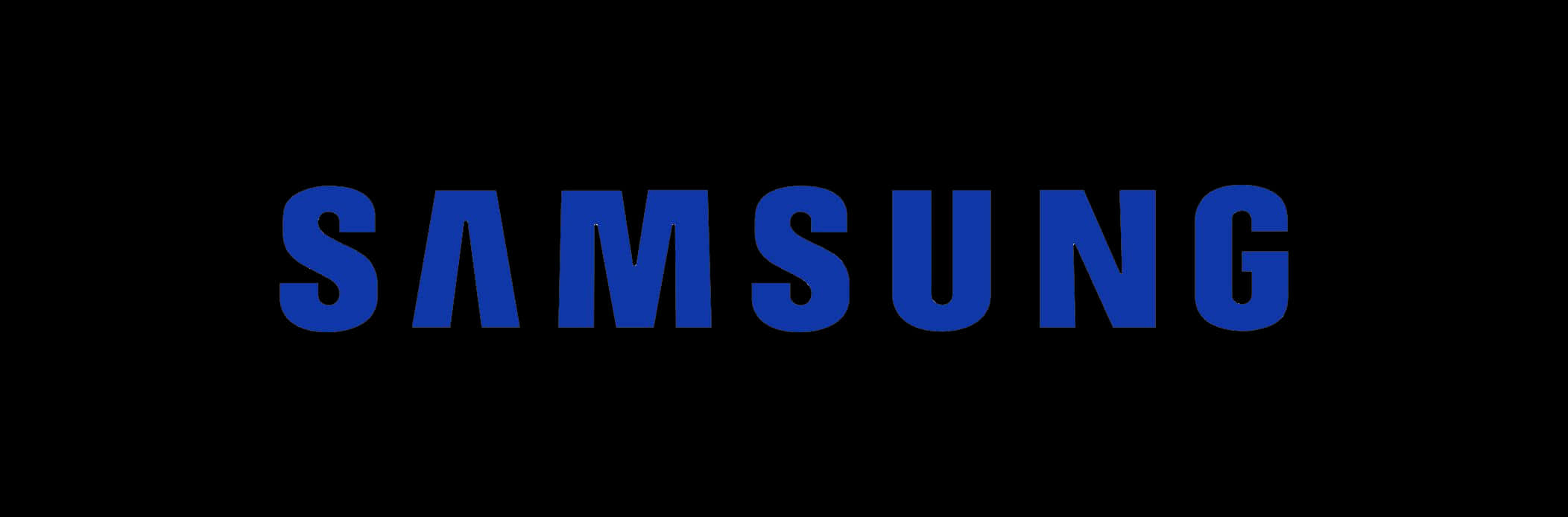 三星 桌布 壁紙 — 大膽的藍色Samsung標誌居中在純黑色背景上，搭配簡潔現代的字體。