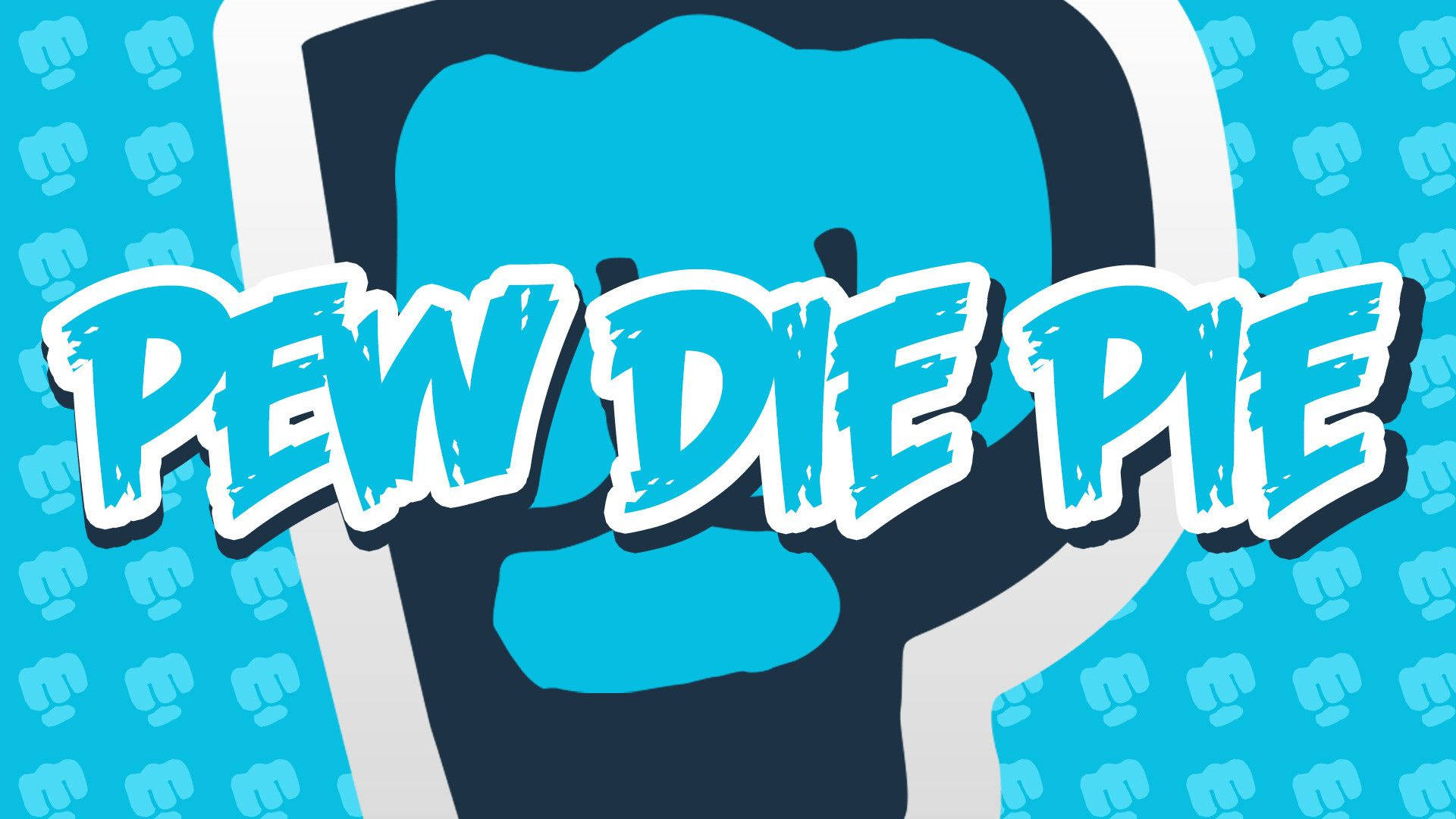 Pewdiepie 桌布 壁紙 — 大膽的藍色卡通拳頭，在圖案藍色背景上帶有塗鴉風格字體的「PEW DIE PIE」文字。