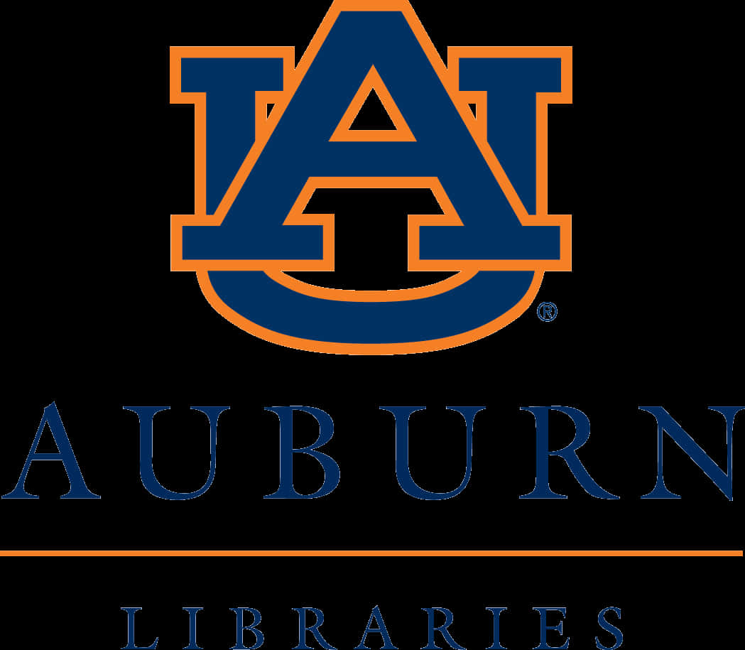 Auburn Logo 桌布 壁紙 — 大膽的藍色和橙色Auburn Libraries標誌，帶有風格化的'AU'標誌，背景為黑色。