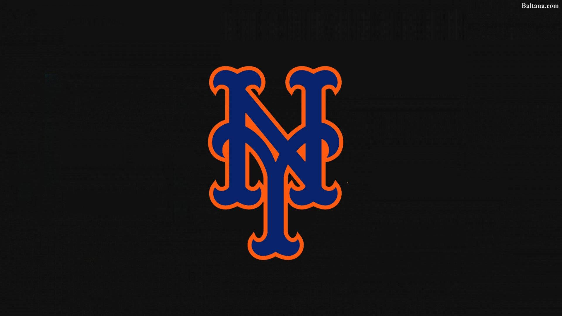 New York Mets 桌布 壁紙 — 大膽的藍色和橙色交織的NY標誌，居中在純黑色背景上。