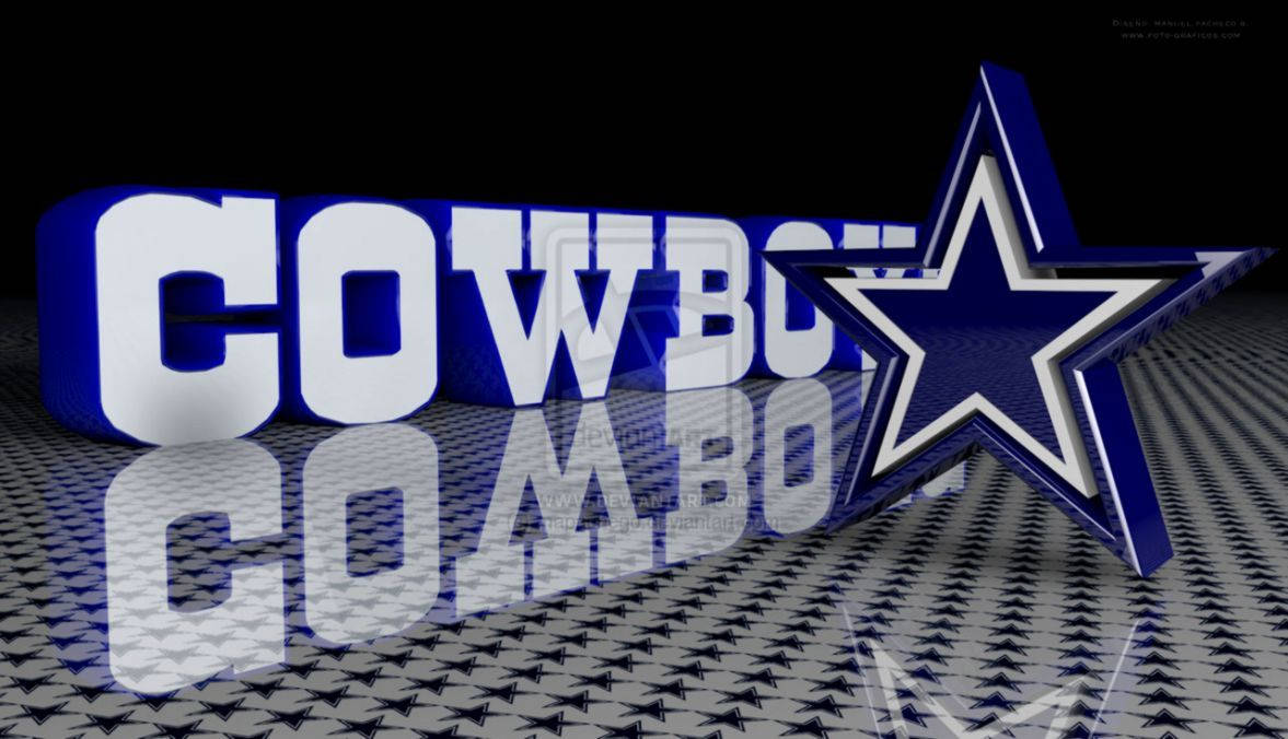 達拉斯牛仔 桌布 壁紙 — 大膽的藍色和白色 'COWBOYS' 文字和星星標誌位於反射金屬表面上，帶有銳利的幾何圖案。