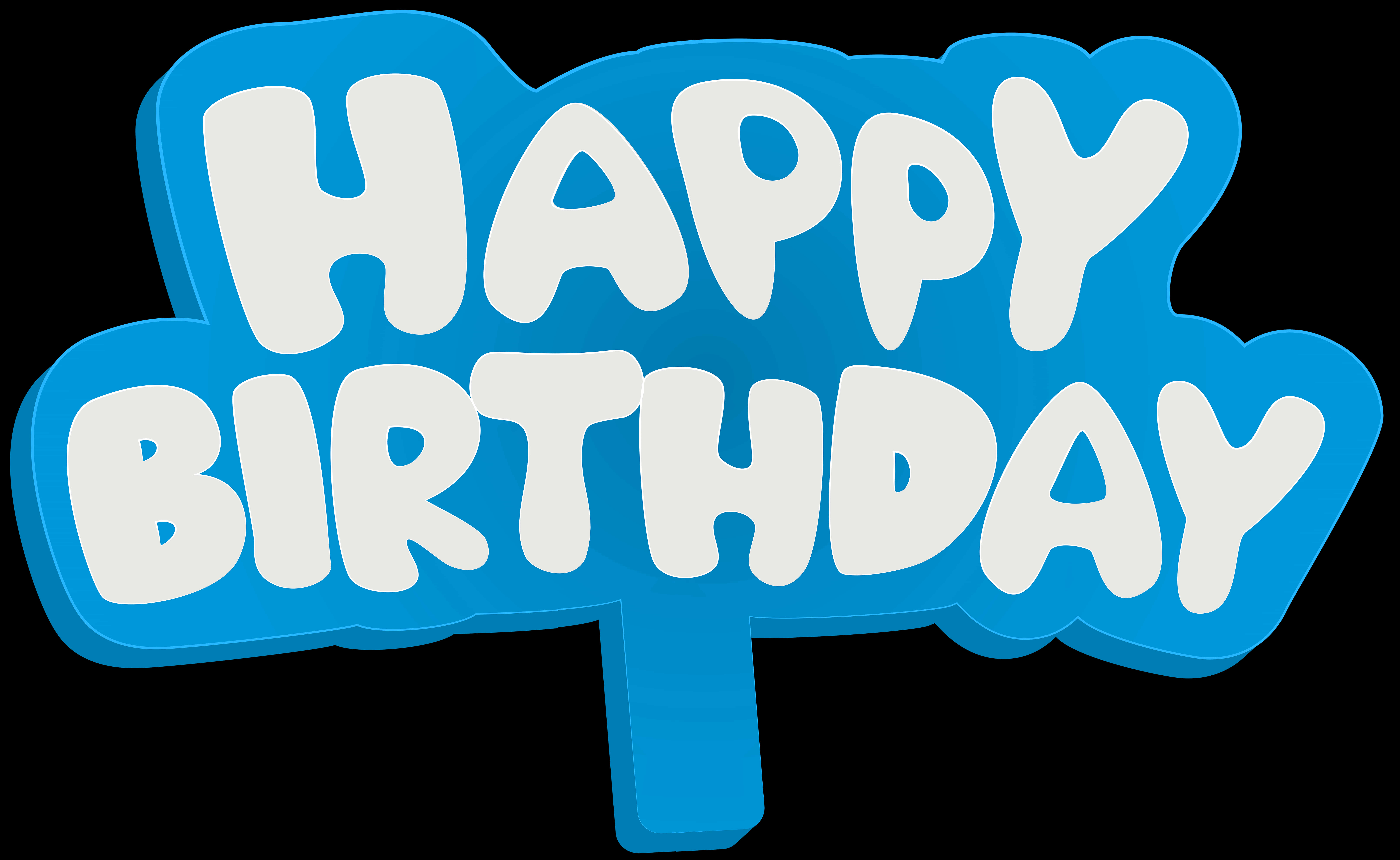 生日快樂 桌布 壁紙 — 大膽的藍色和白色「HAPPY BIRTHDAY」標誌，帶有俏皮的圓形字母和歡快的卡通風格。