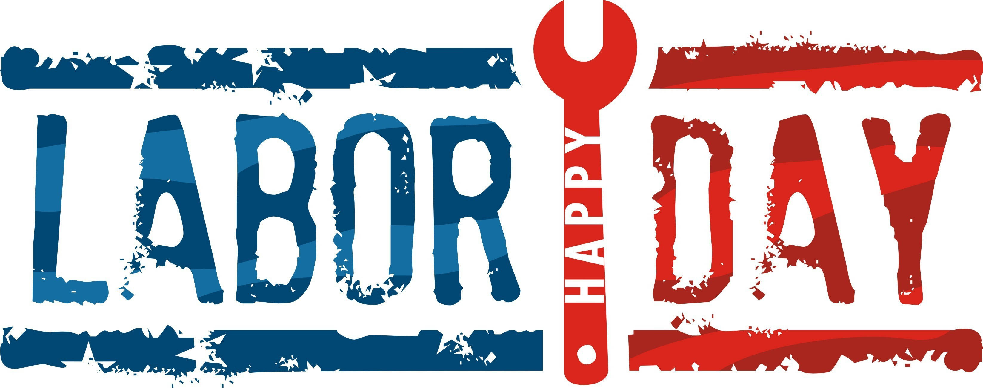 Labor 桌布 壁紙 — 大膽的藍色和紅色「勞工節」文字，配上扳手圖案，以粗糙的蓋印風格慶祝工人。