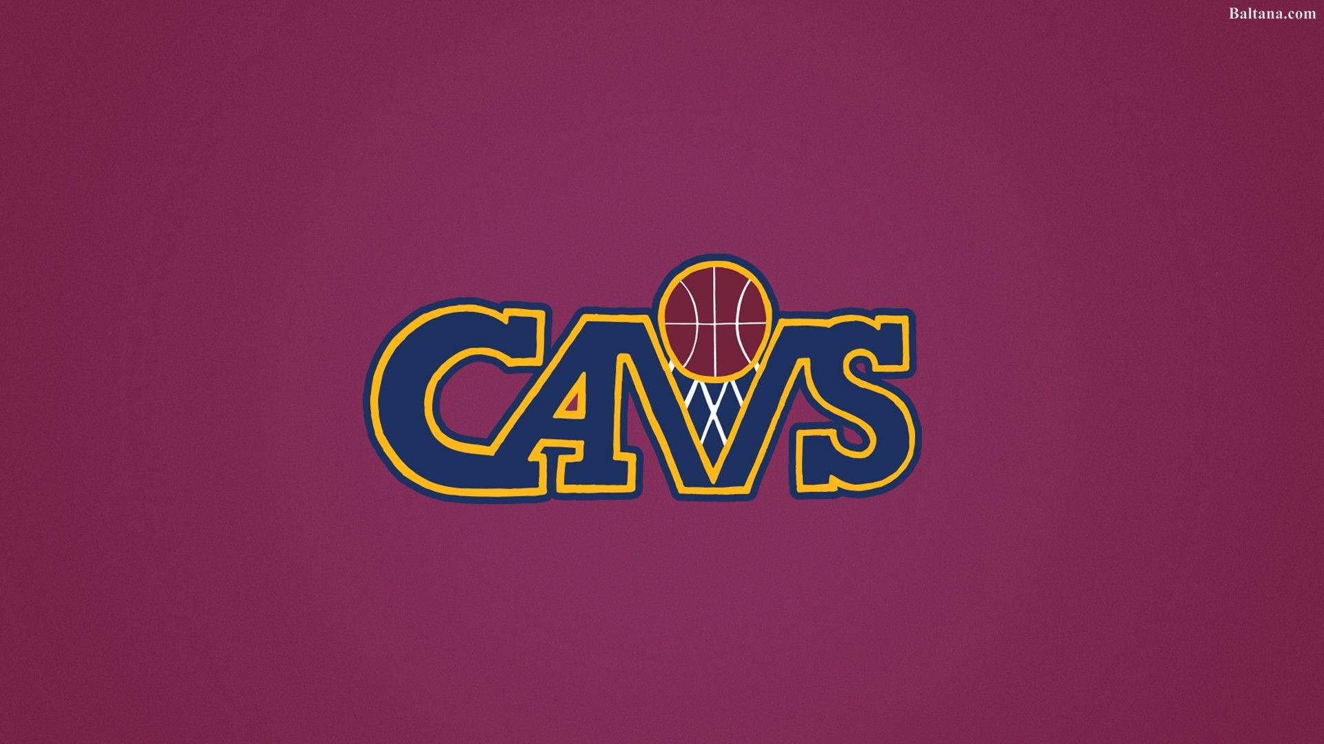 cavaliers 桌布 壁紙 — 大膽的藍色和金色 'CAVS' 標誌，籃球在網中，居中於純栗色背景上。