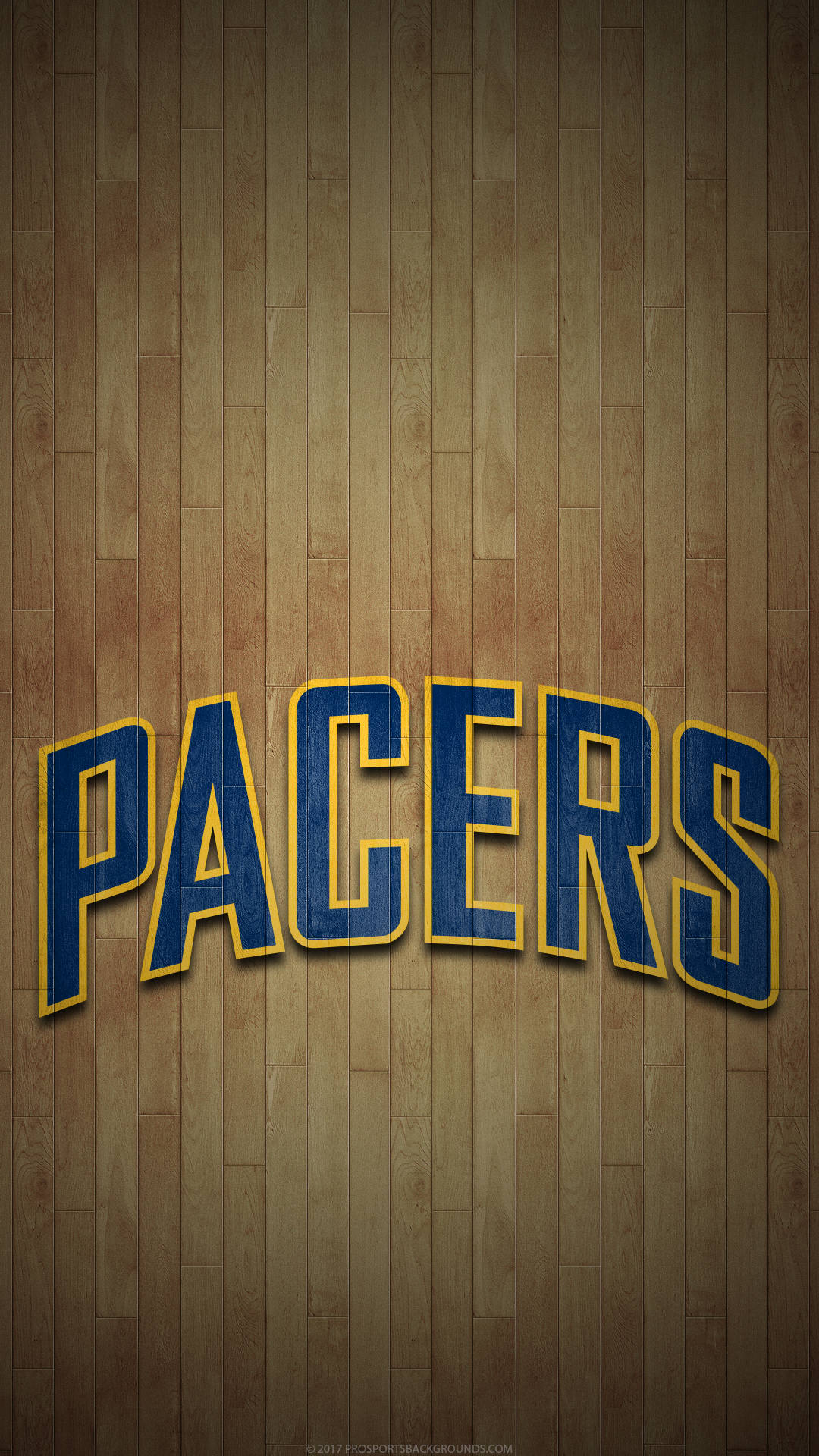 Pacers 桌布 壁紙 — 大膽的藍色和金色 'PACERS' 文字，帶有黃色輪廓，居中在拋光木質籃球場地板上。