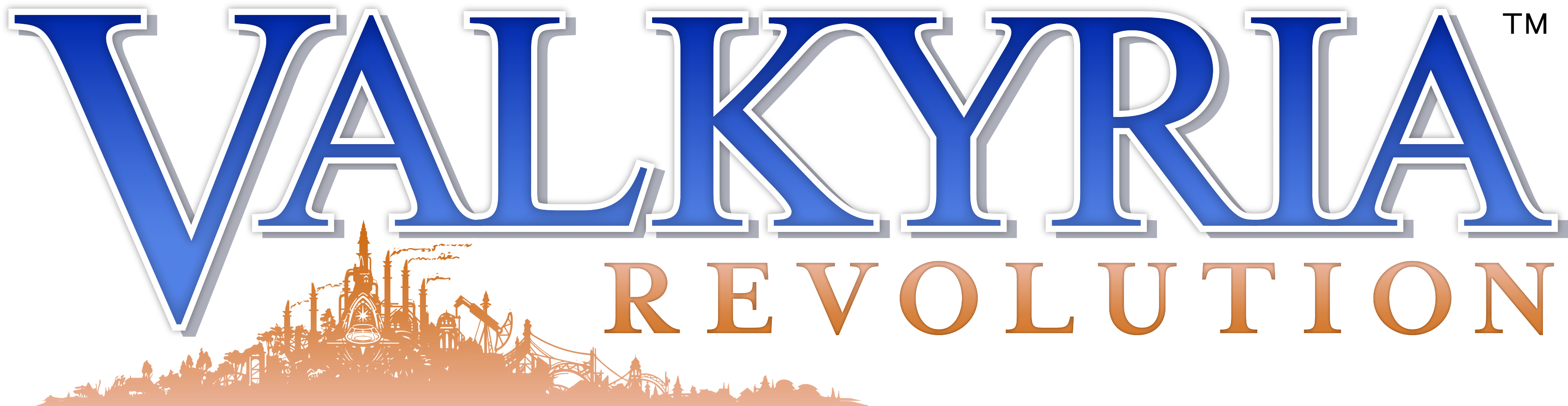 revolution 桌布 壁紙 — 大膽的藍色和金色 Valkyria Revolution 標誌，下方有風格化的城堡剪影。
