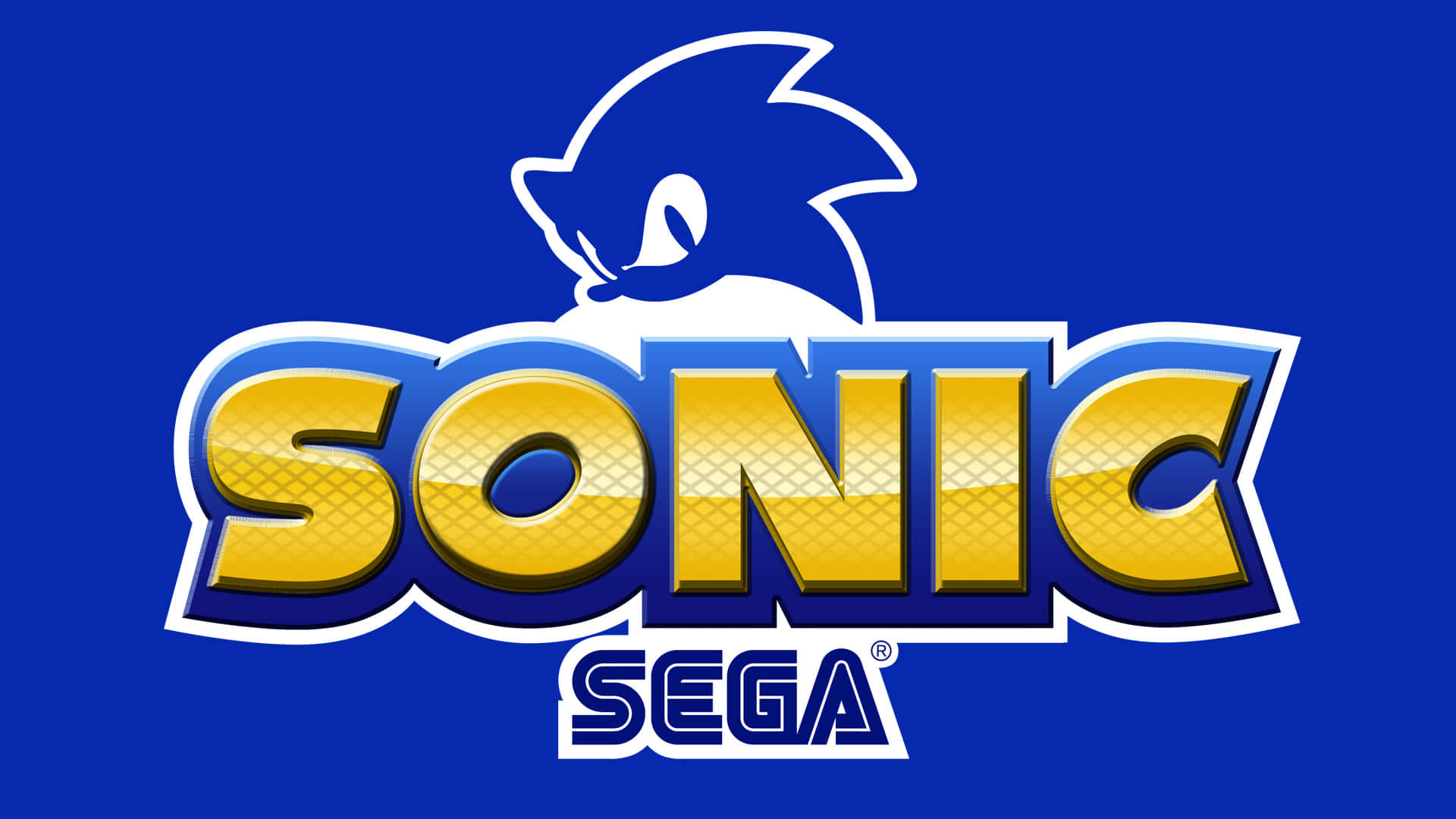 Sonic Logo 桌布 壁紙 — 大膽的藍色和金色Sonic標誌，在純藍色背景上帶有標誌性的刺蝟剪影。