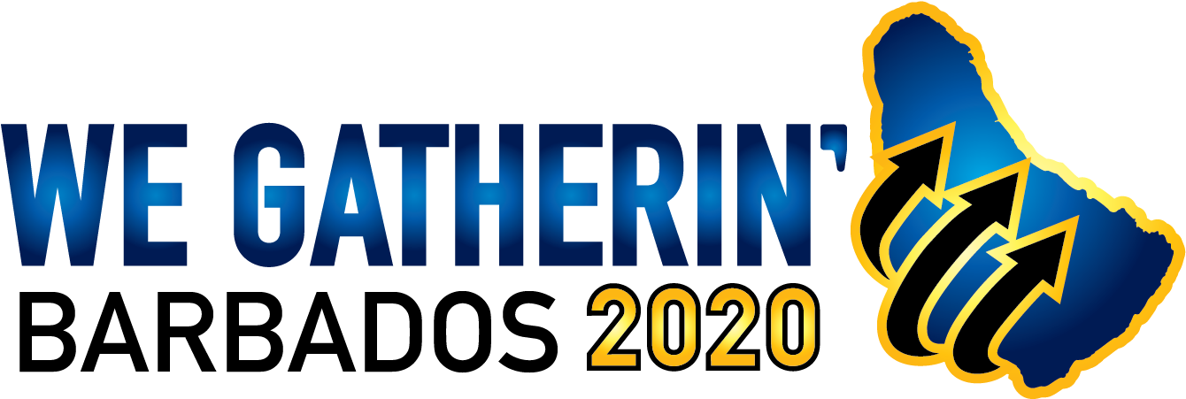 巴貝多 桌布 壁紙 — 大膽的藍色和金色文字寫著「WE GATHERIN' 2020」，旁邊是帶有箭頭的風格化地圖輪廓。