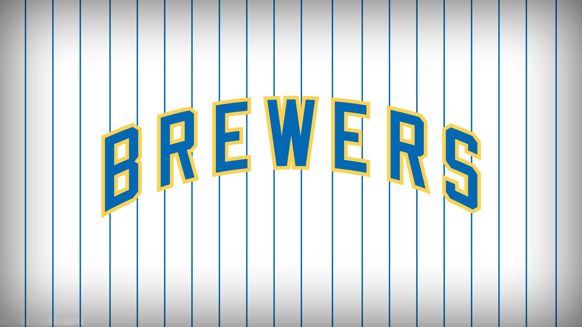 Brewers 桌布 壁紙 — 大膽的藍色和黃色 'BREWERS' 文字拱形橫跨在帶有細藍色條紋的白色棒球球衣上。