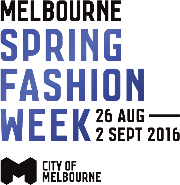 Fashion Logo 桌布 壁紙 — 大膽的藍色文字在純黑色背景上宣佈墨爾本春季時裝週，附有活動日期和城市標誌。