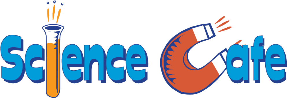 科學 桌布 壁紙 — 大膽的藍色標誌，為Science Cafe設計，以試管和磁鐵為特色，帶有橙色火花，背景為黑色。