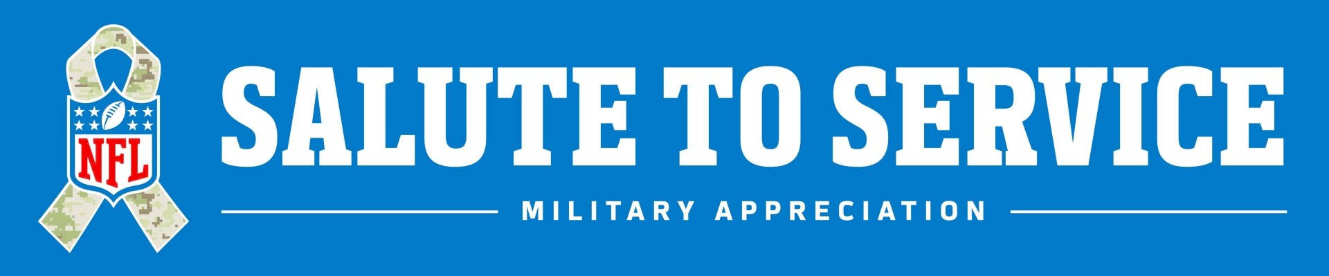 Veterans 桌布 壁紙 — 大膽的藍色橫幅，白色文字寫著 salute to service 和 military appreciation，旁邊有 NFL 標誌絲帶。