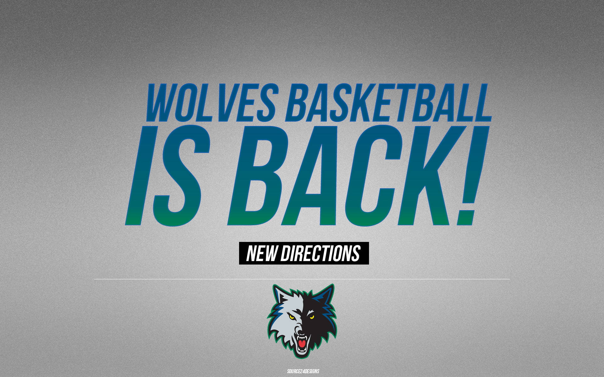 Timberwolves 桌布 壁紙 — 大膽的藍色漸變文字在紋理灰色背景上的狼標誌上方宣告「WOLVES BASKETBALL IS BACK!」。