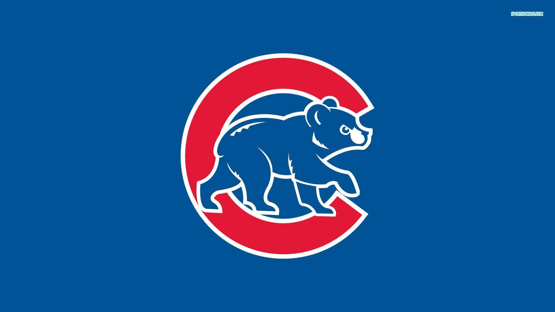Cubs 桌布 壁紙 — 大膽的藍色背景上，有一隻白色輪廓的熊在紅色風格化的C標誌內行走。