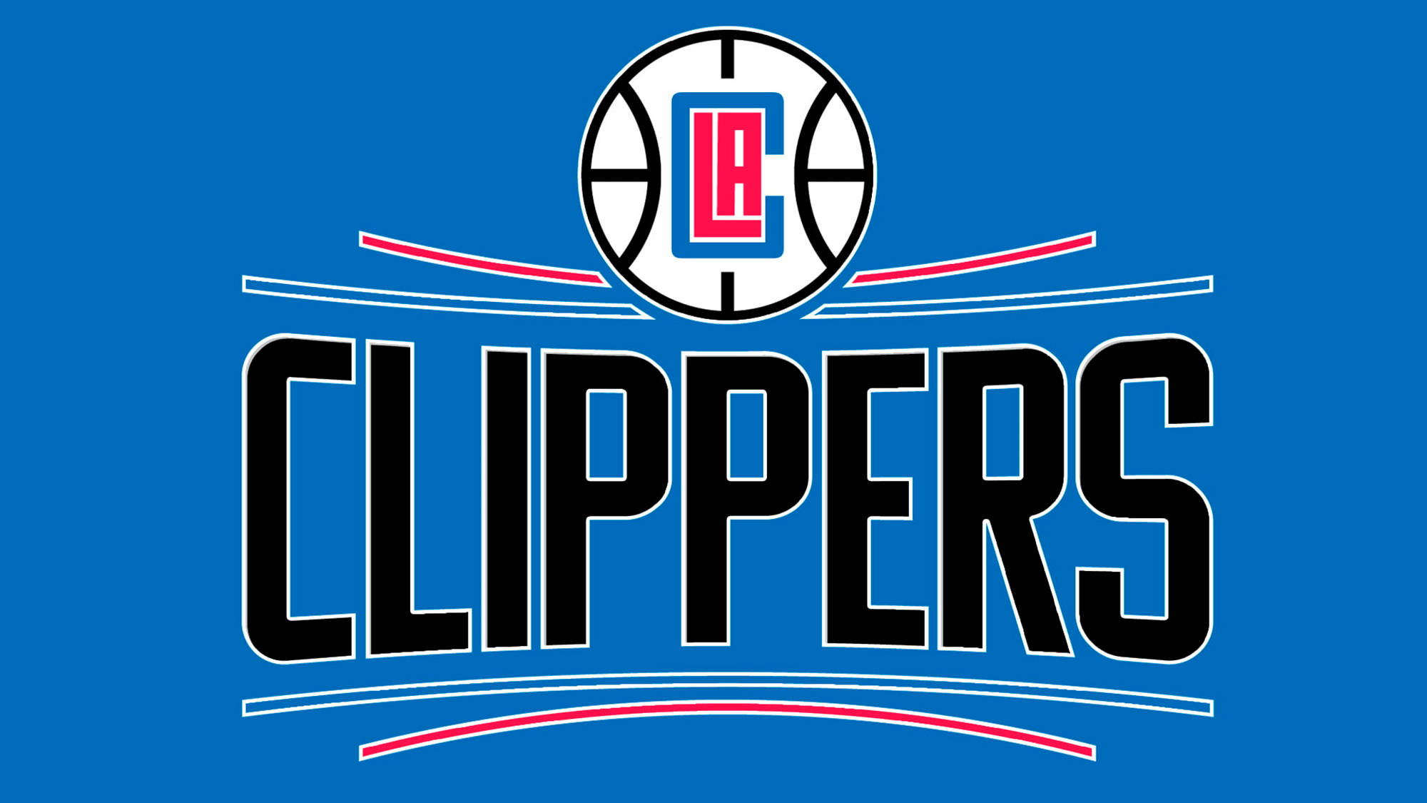 Clippers 桌布 壁紙 — 大膽的藍色背景上展示了LA快艇隊的標誌，帶有籃球和球隊名稱，顏色為黑色、紅色和白色。