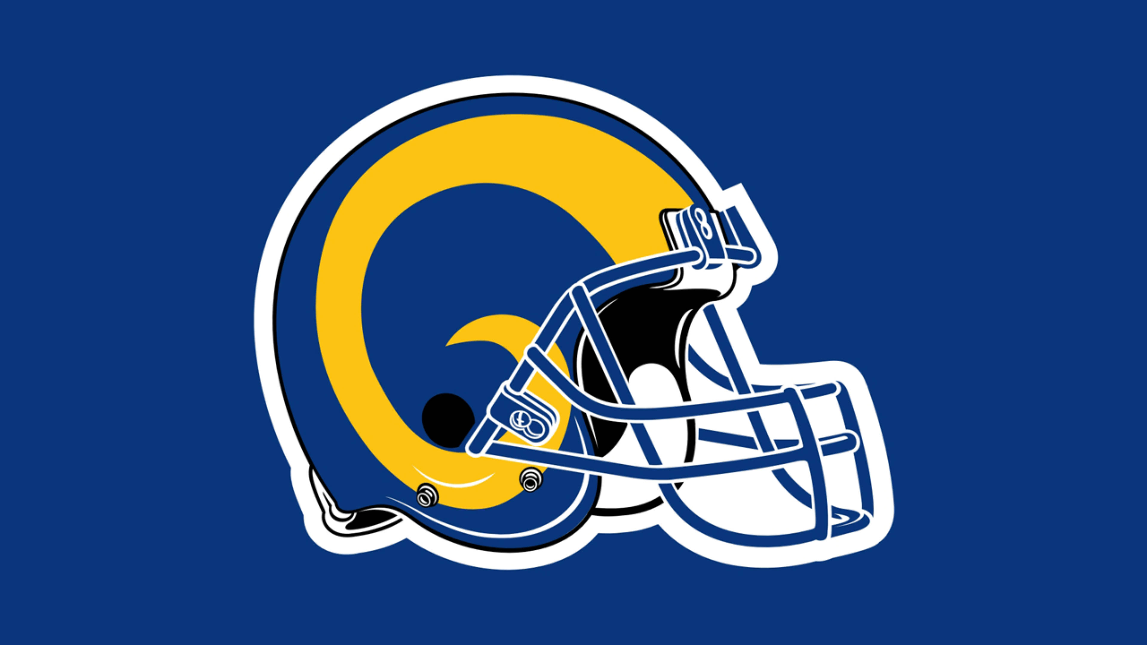 Rams 桌布 壁紙 — 大膽的藍色背景上有一個風格化的黃色公羊頭盔標誌，帶有白色和藍色點綴。