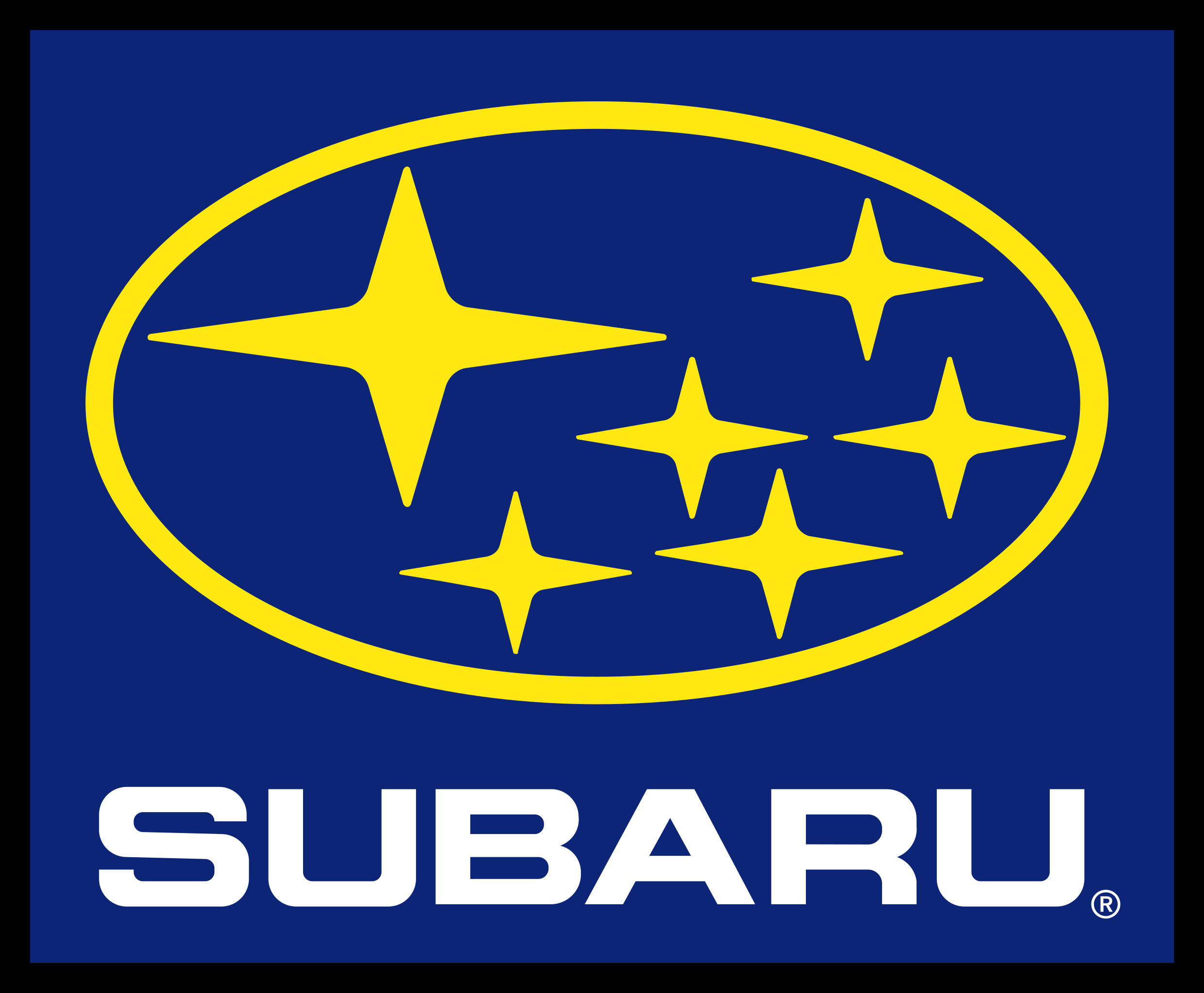 Subaru Logo 桌布 壁紙 — 大膽的藍色背景上有一個黃色橢圓形，內有六顆星，下方有白色Subaru文字。