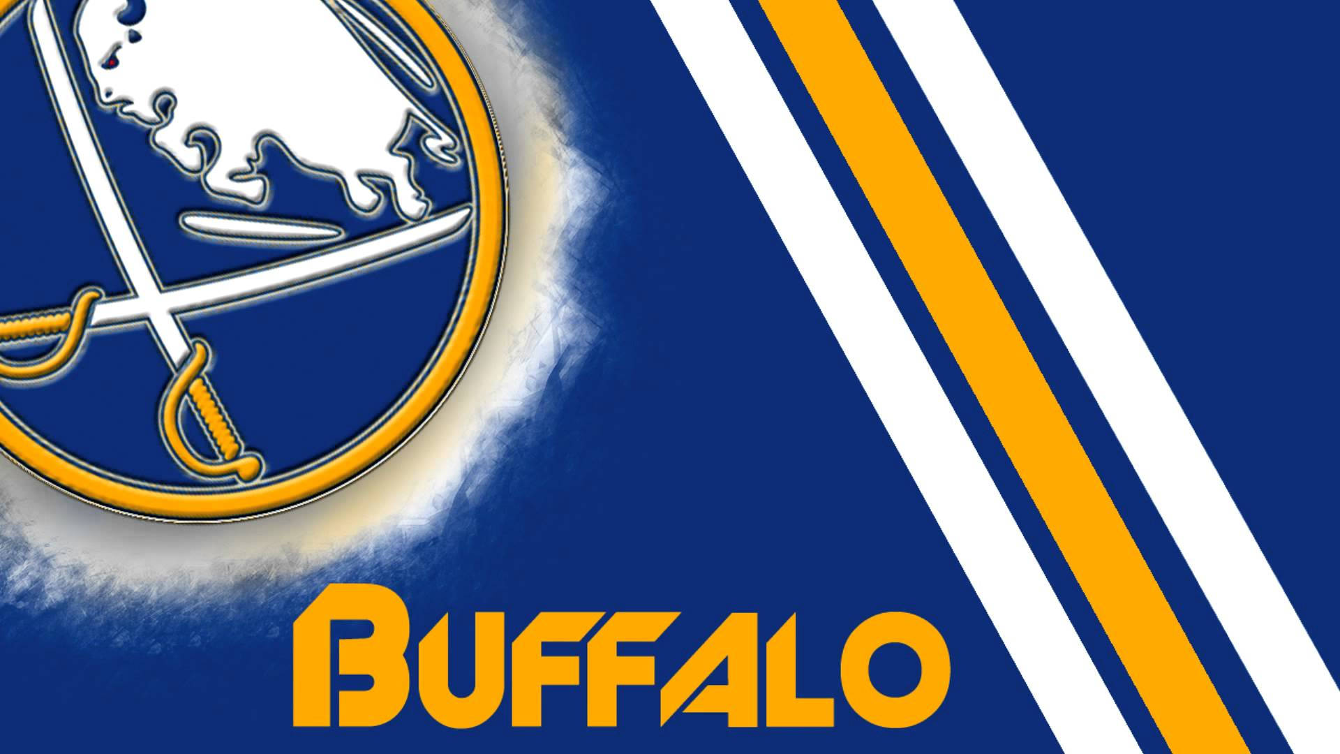 Sabres 桌布 壁紙 — 大膽的藍色背景帶有黃色和白色斜紋，展示 Buffalo Sabres 標誌和粗體黃色 BUFFALO 文字。