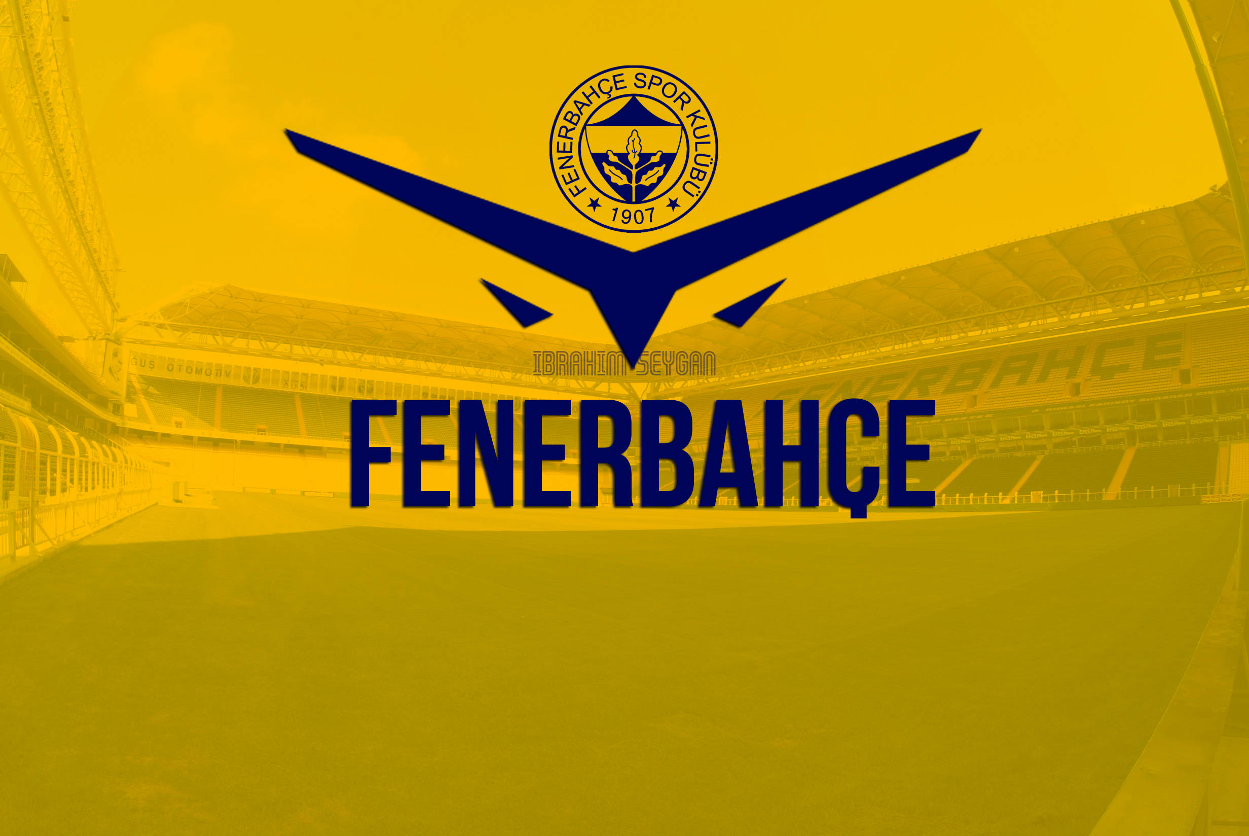 Fenerbahce 桌布 壁紙 — 大膽的藍色費內巴切標誌和文字主導了帶有黃色色調的體育場內部，可見座位和場地。