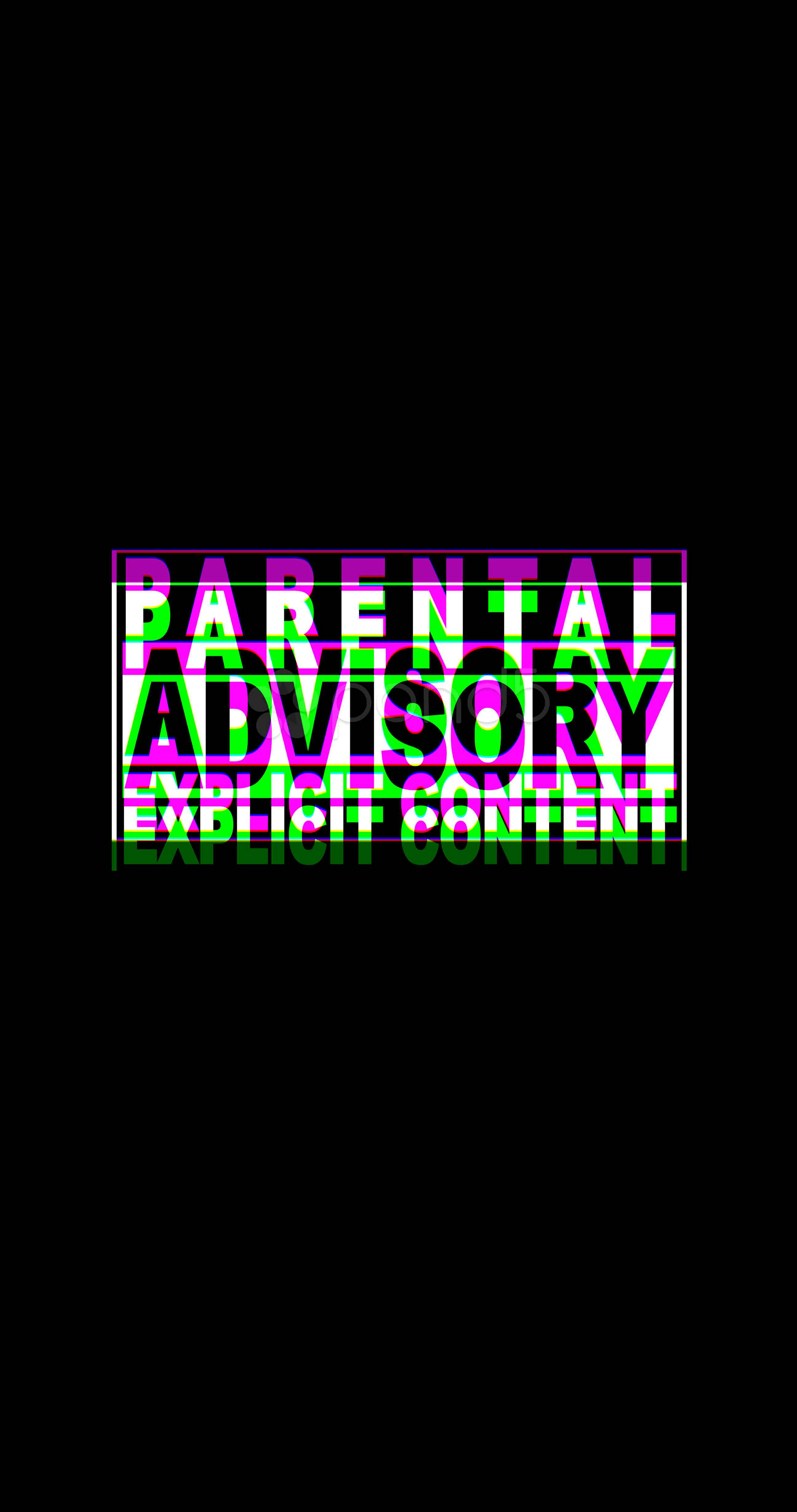 Super 桌布 壁紙 — 大膽的螢光粉紅和綠色「Parental Advisory Explicit Content」文字在純黑背景上發光。