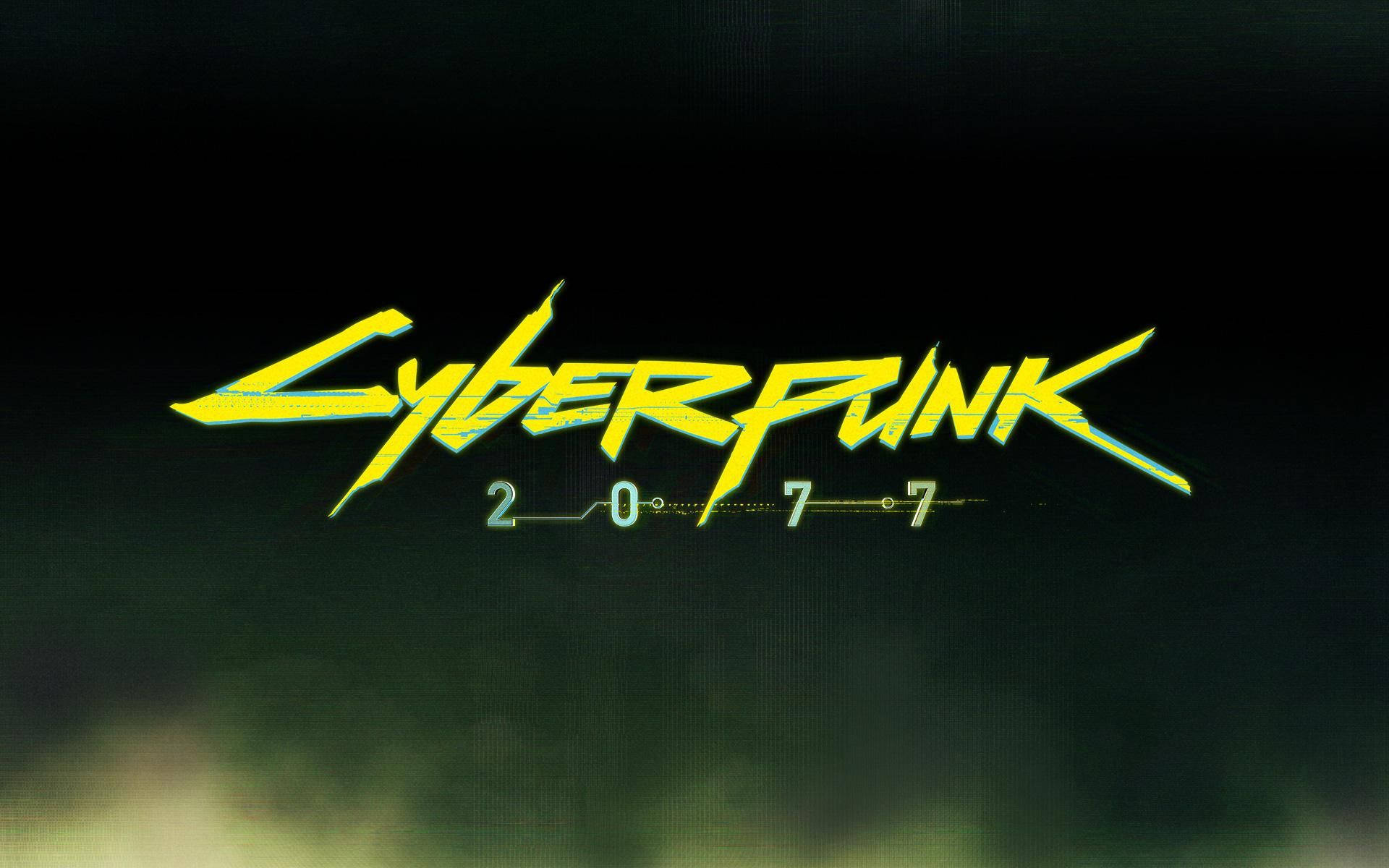 電馭叛客2077 桌布 壁紙 — 大膽的螢光黃色 Cyberpunk 2077 標誌在帶有綠色薄霧的黑暗煙霧背景上發光。