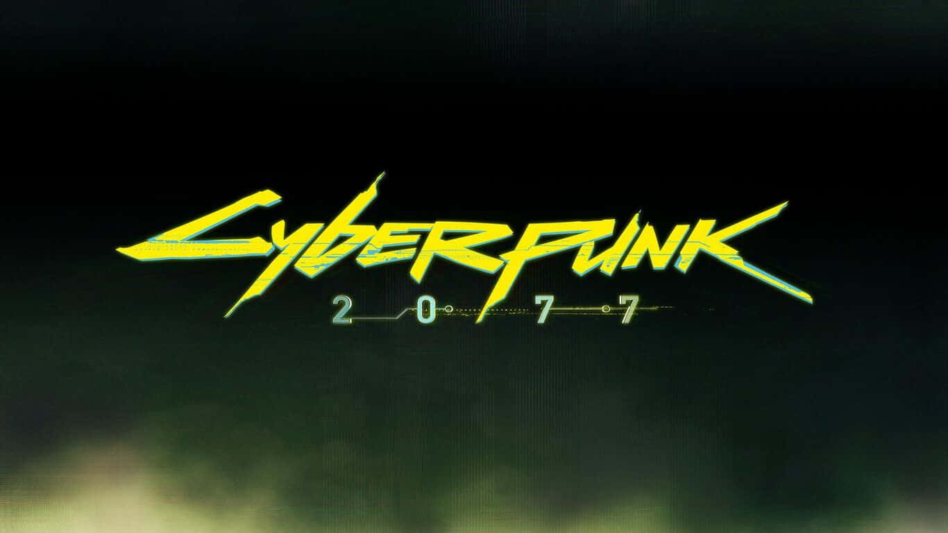 電馭叛客2077 桌布 壁紙 — 大膽的螢光黃色 Cyberpunk 2077 標誌在黑暗煙霧背景中發出綠光。