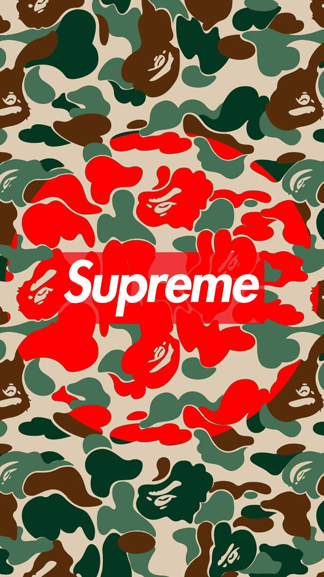 camouflage 桌布 壁紙 — 大膽的迷彩圖案，帶有紅色花卉形狀和中央白色Supreme標誌。